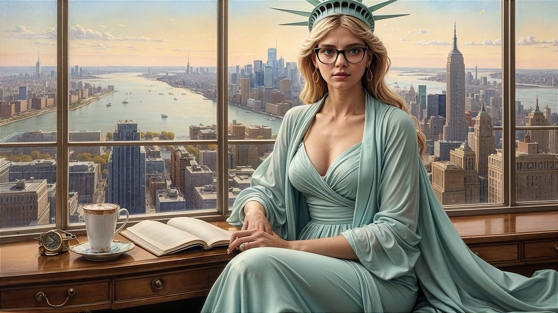Woman as Statue of Liberty with NYC Skyline View