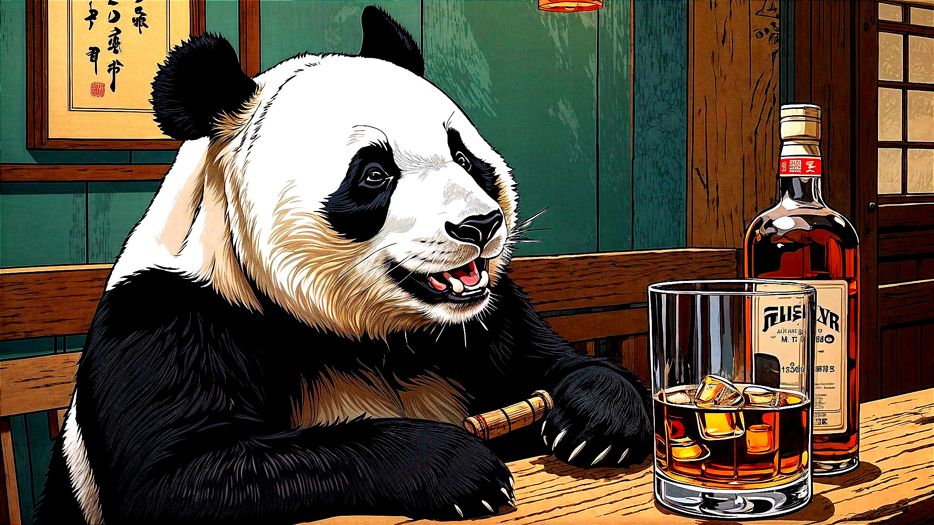 Cheerful panda with whiskey in a cozy traditional room