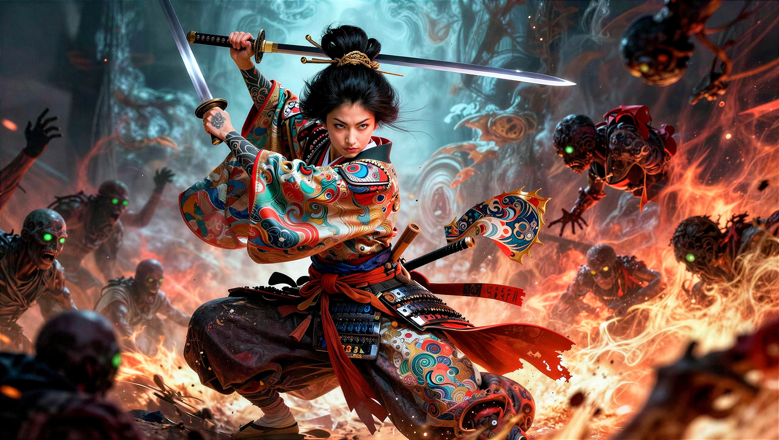 Female Samurai in Colorful Kimono Battling Zombies