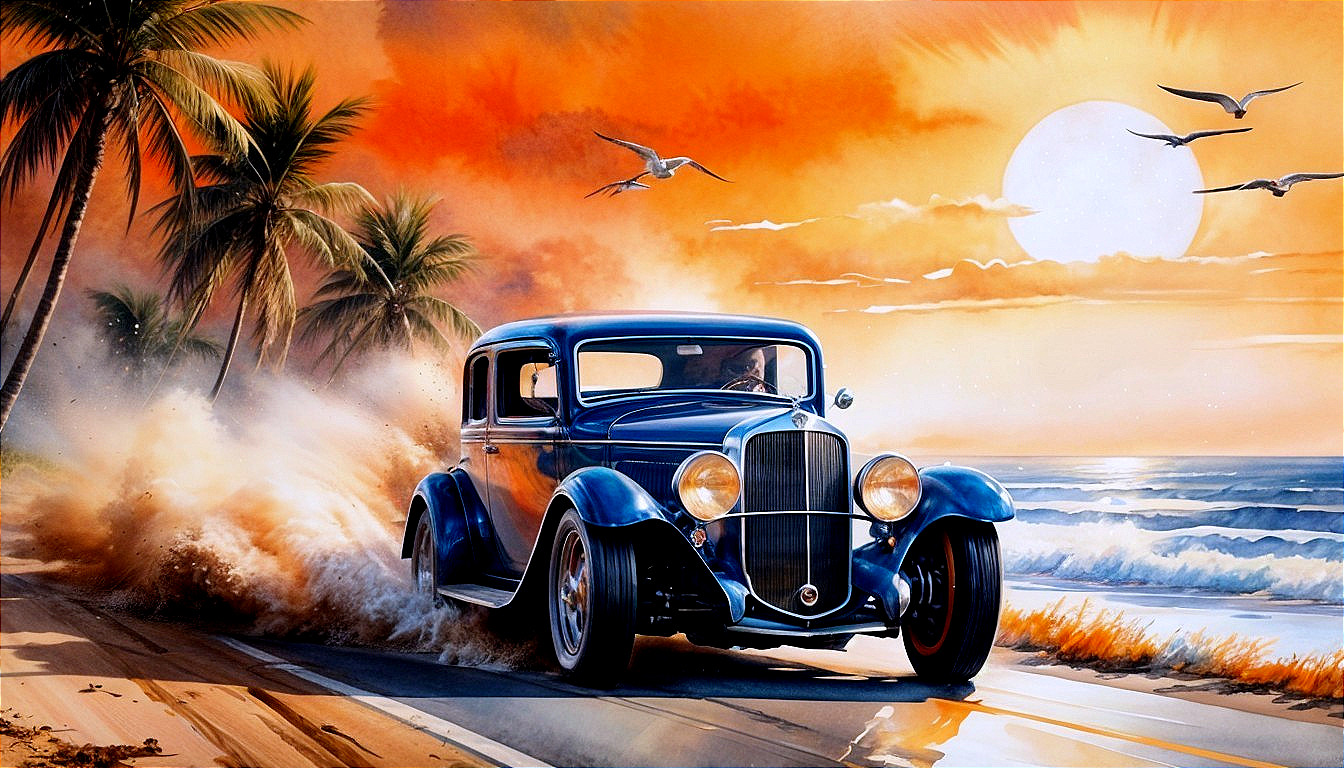 Classic Blue Car on Beach Road at Sunset