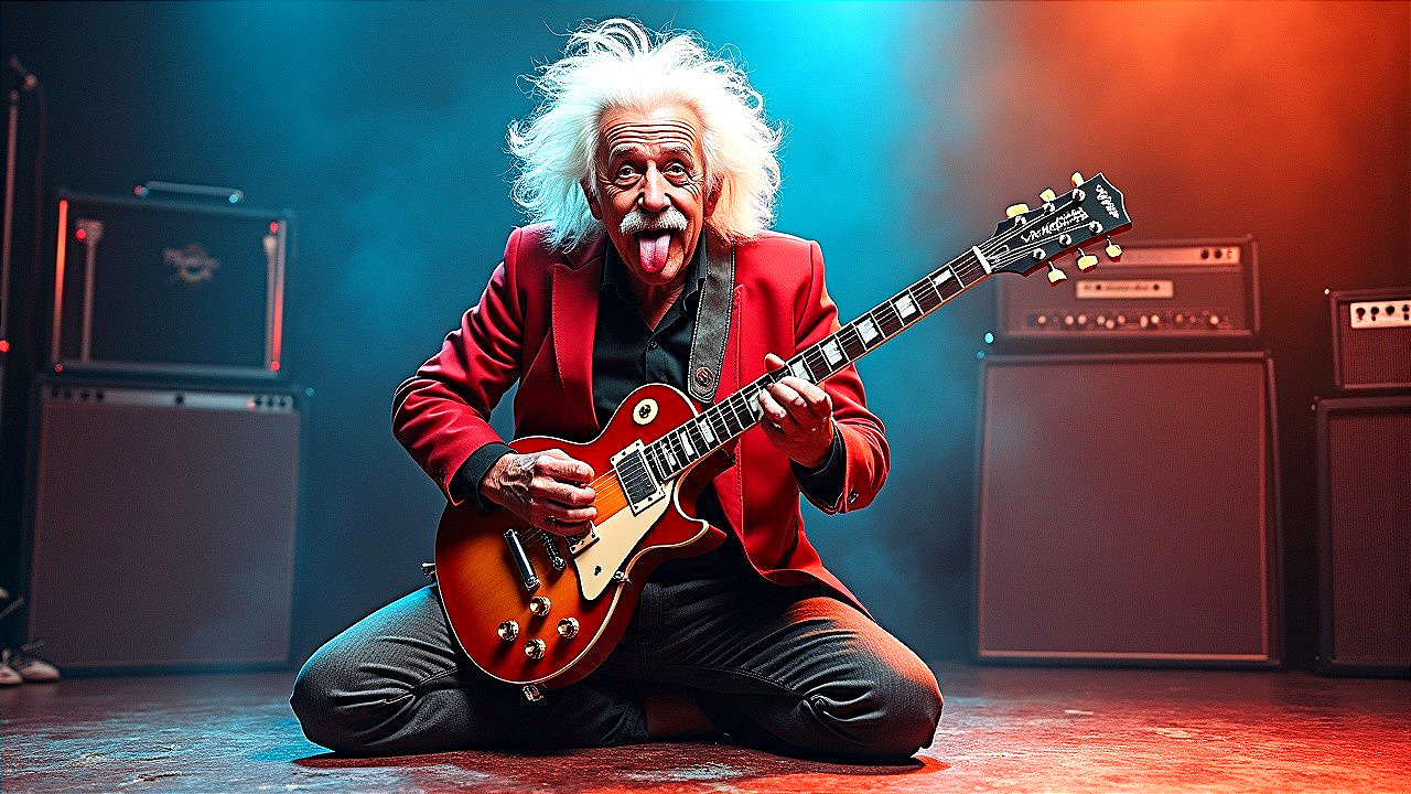 Eccentric Musician in Red Blazer Plays Electric Guitar