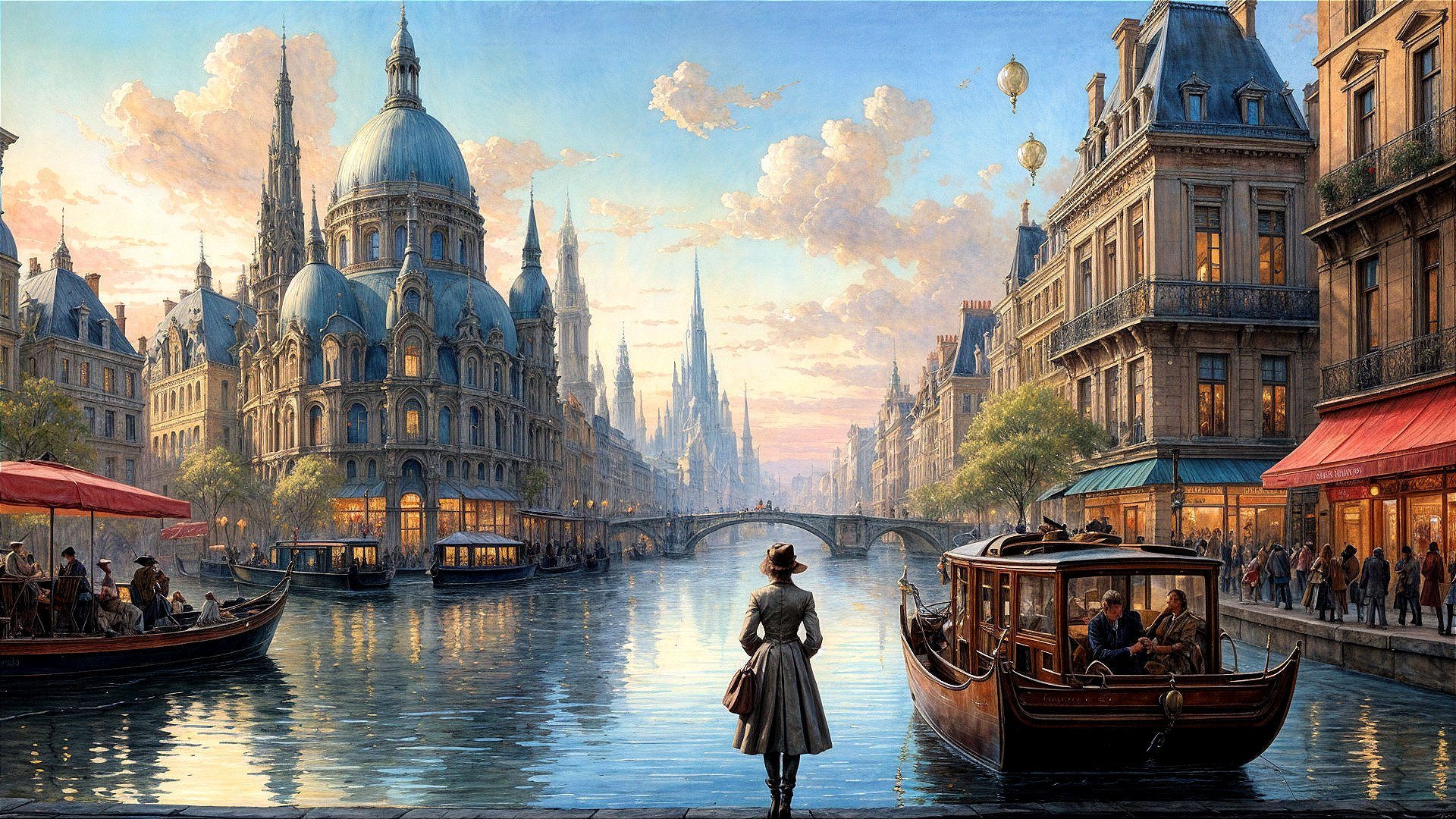 Serene Waterfront Scene at Sunset with Period Dress