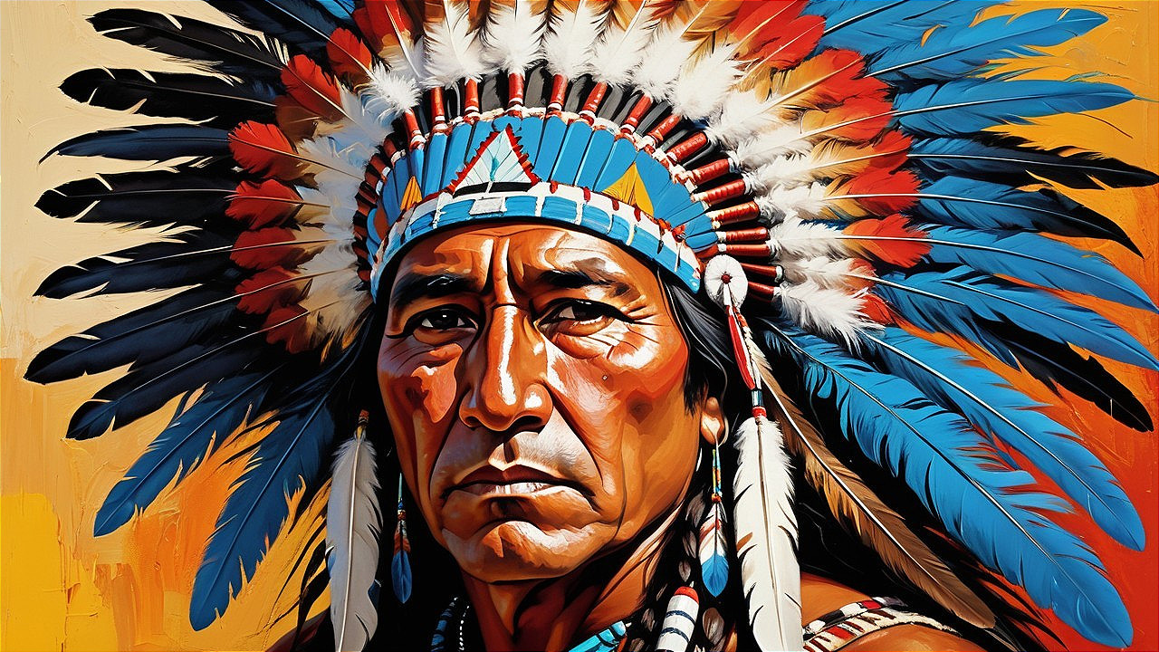 Portrait of a Native American Man in Feathered Headdress
