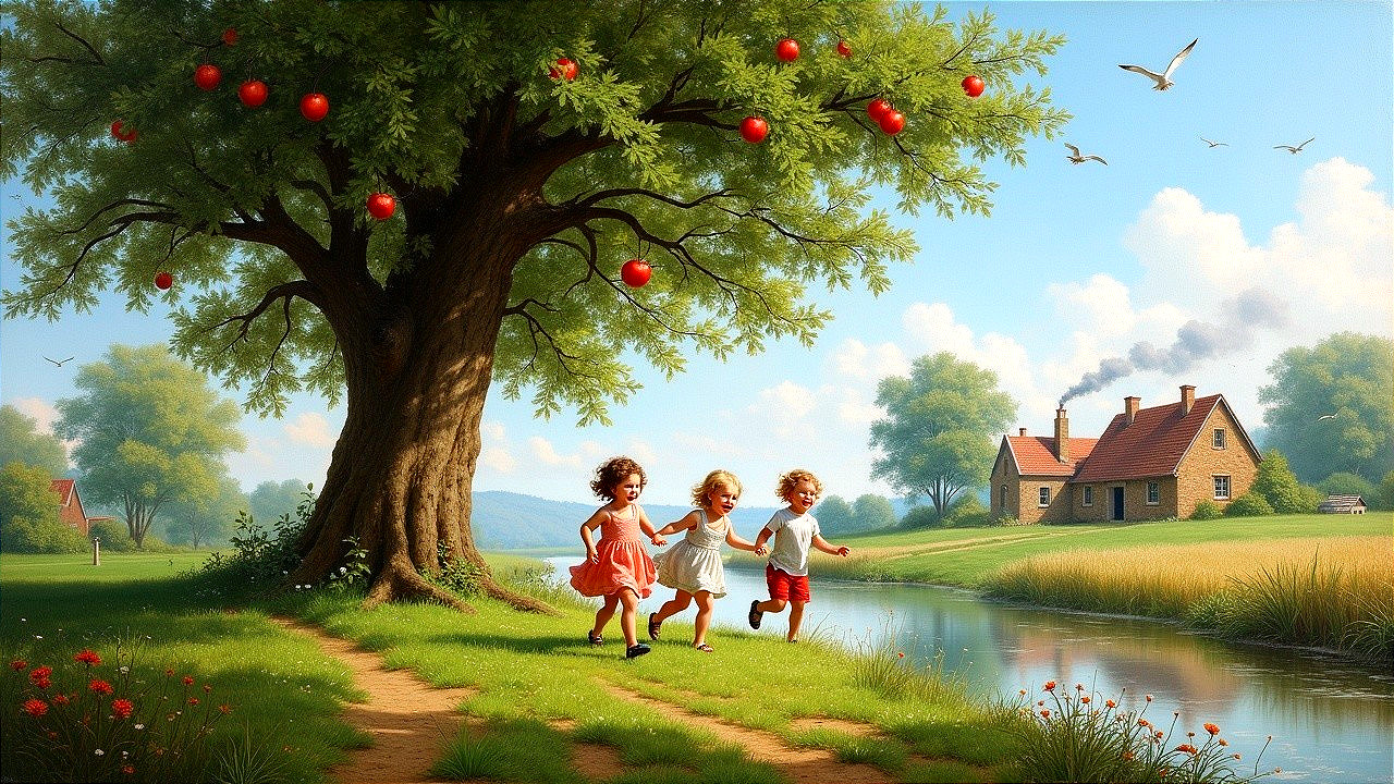 Children Running by Riverbank Under Apple Tree