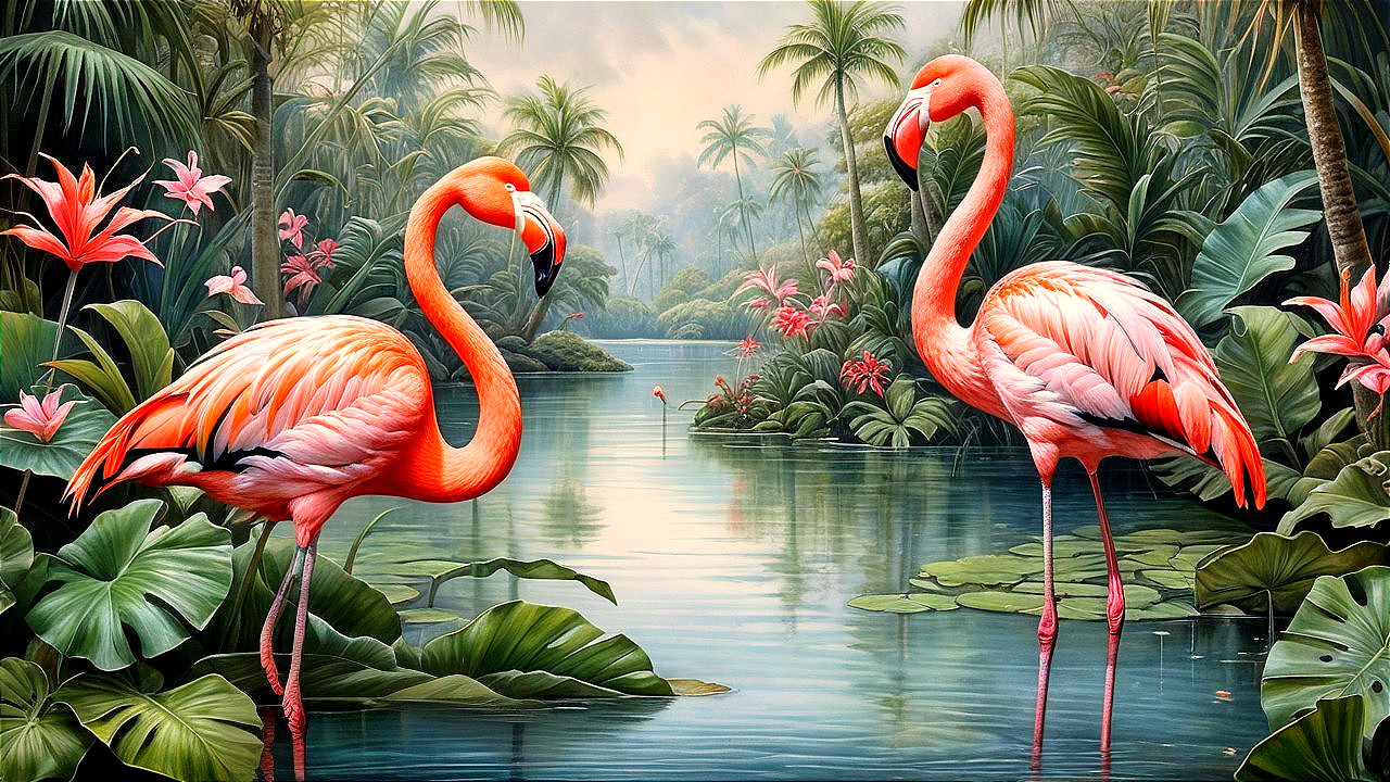 Flamingos by a Tropical Lagoon with Lush Surroundings