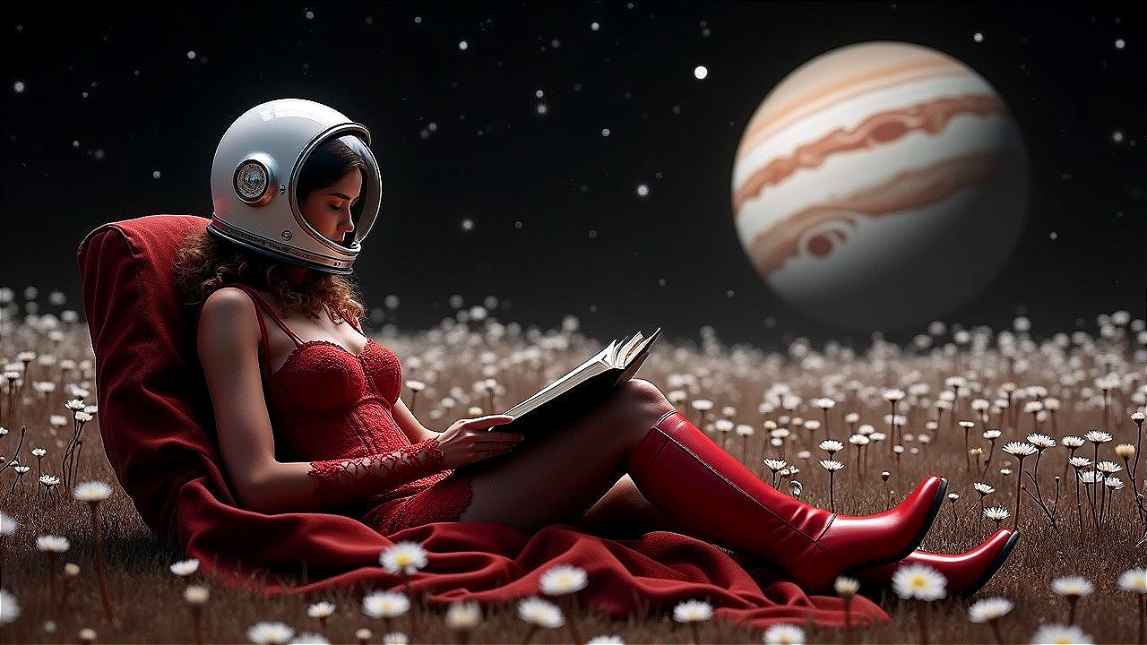 Young woman in astronaut gear reading in a field