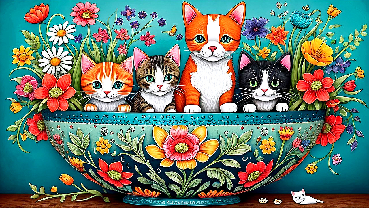 Vibrant Illustration of Four Playful Cats in Bowl