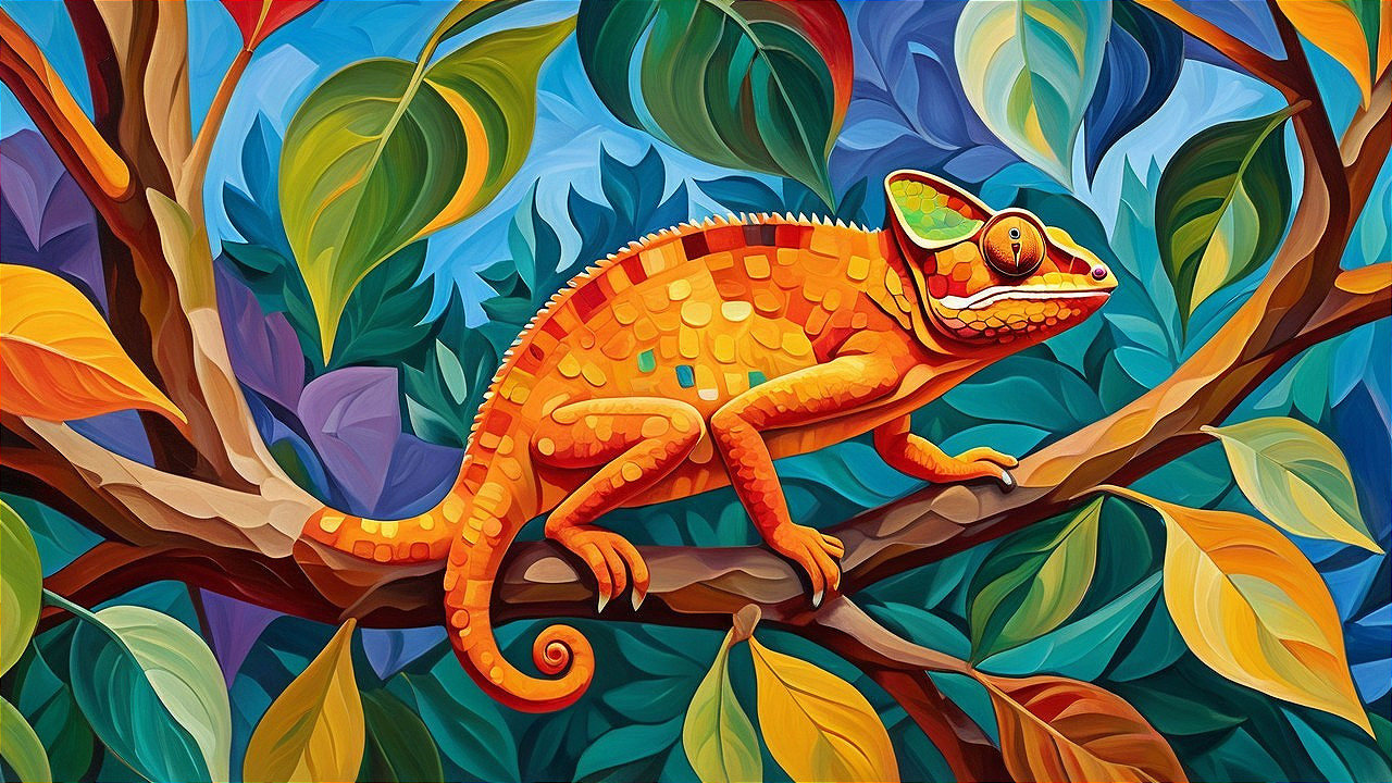 Vibrant Chameleon on Branch with Colorful Leaves