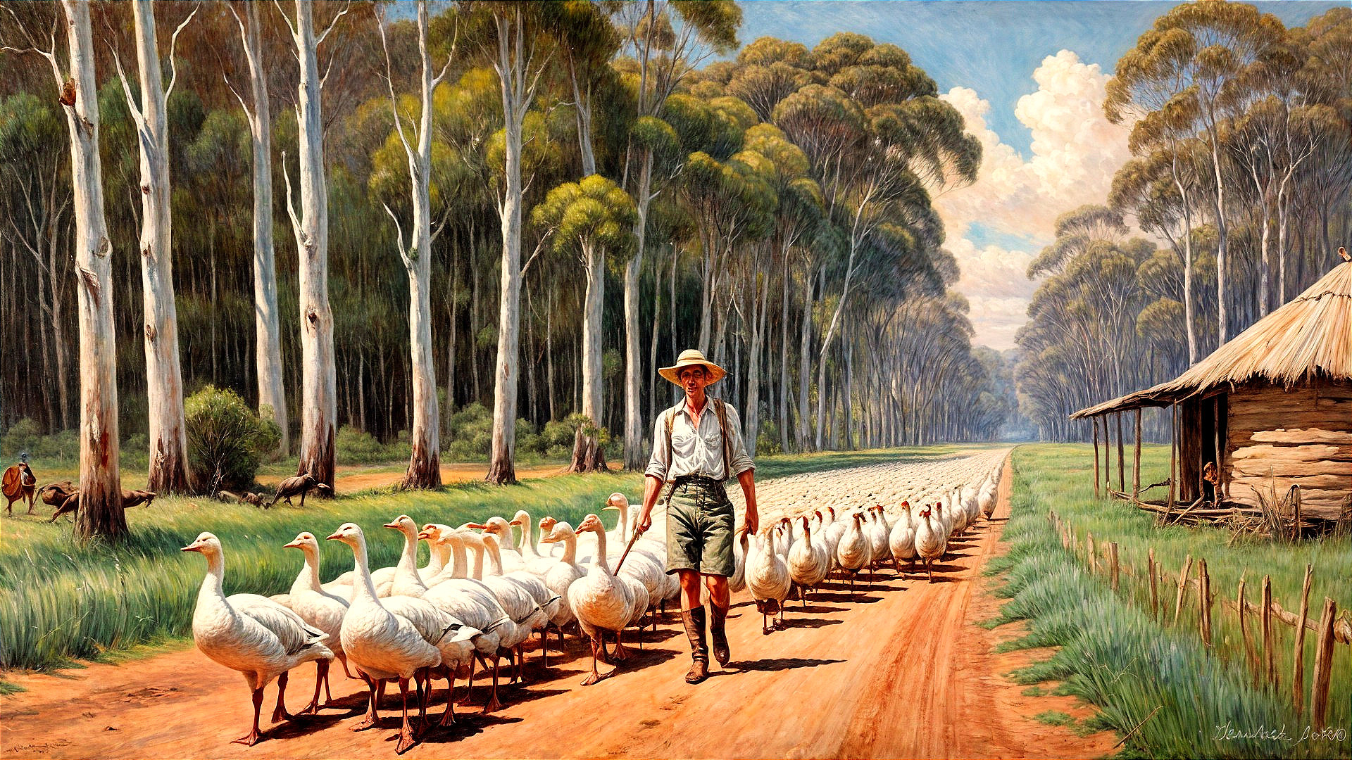Rural scene with a farmer and geese by a cottage