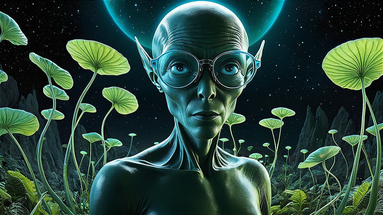 Extraterrestrial Being in Surreal Plant Landscape