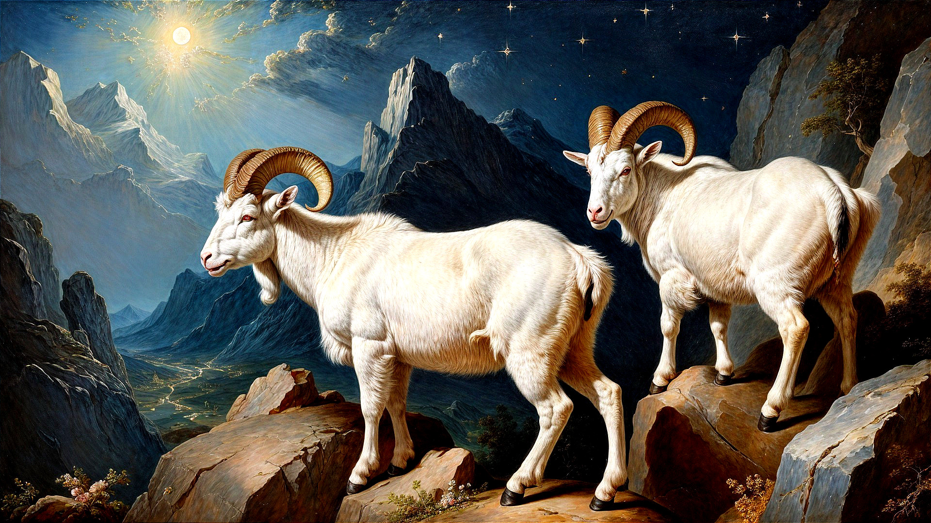 Majestic White Goats in Moonlit Mountain Landscape