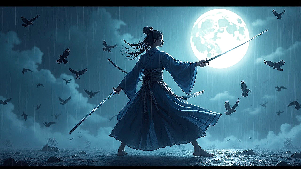 Warrior with Swords Against Moonlit Sky and Clouds