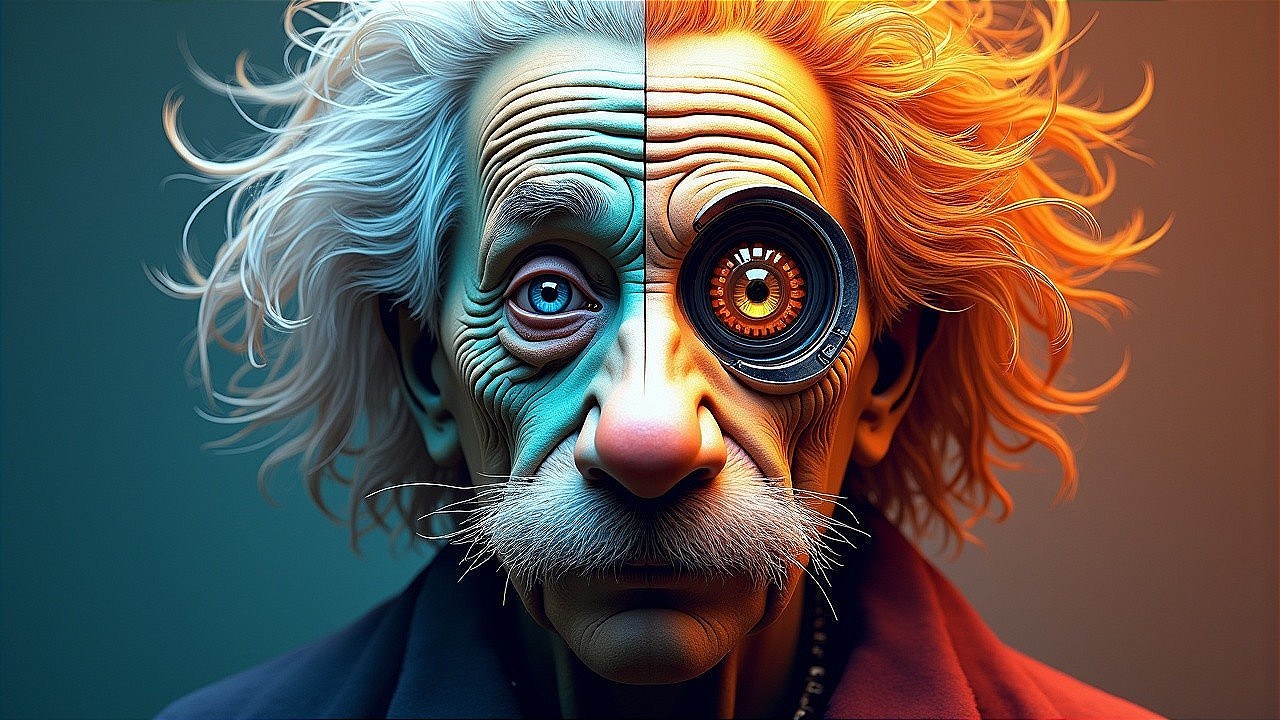 Split-faced character of a scientist and robotic version