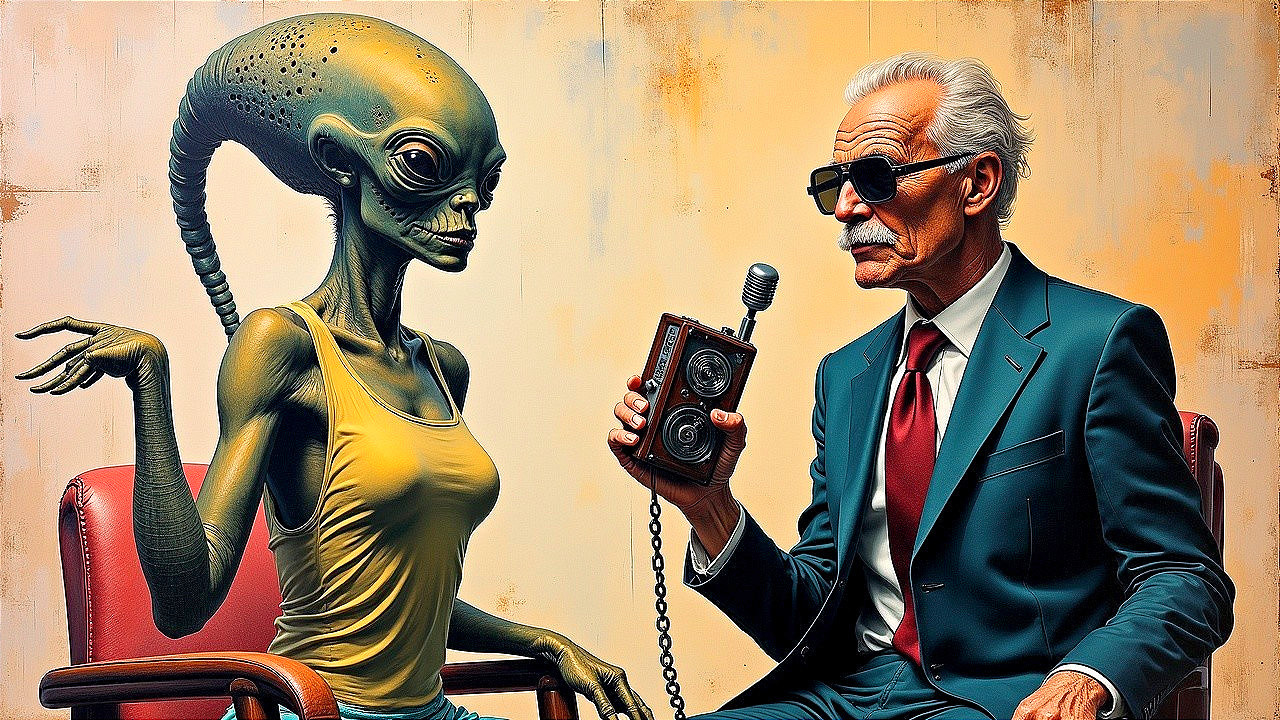 Alien and Man Interview in Surreal Setting