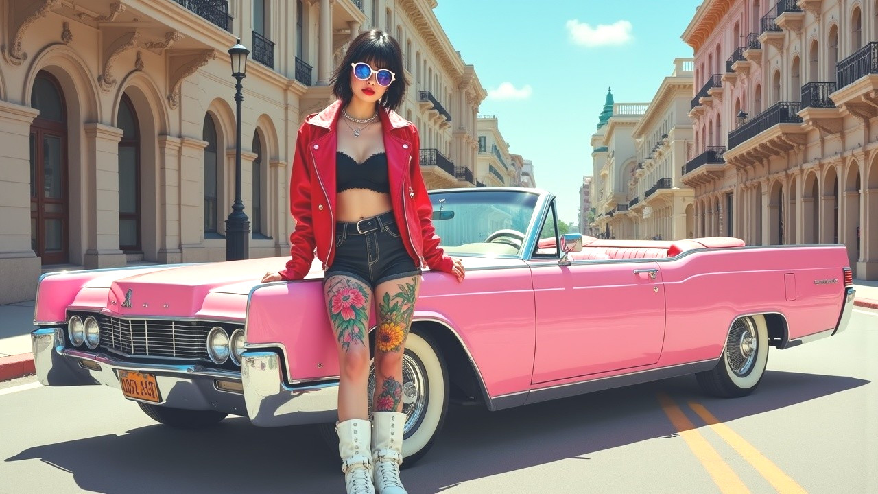 Stylish Young Woman by Classic Pink Convertible Car