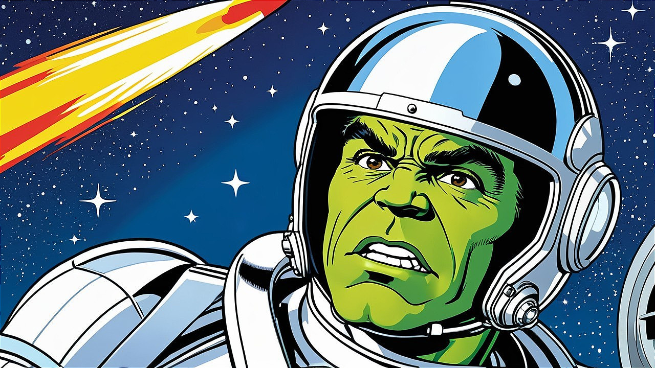 Muscular Green-Skinned Character in Silver Spacesuit
