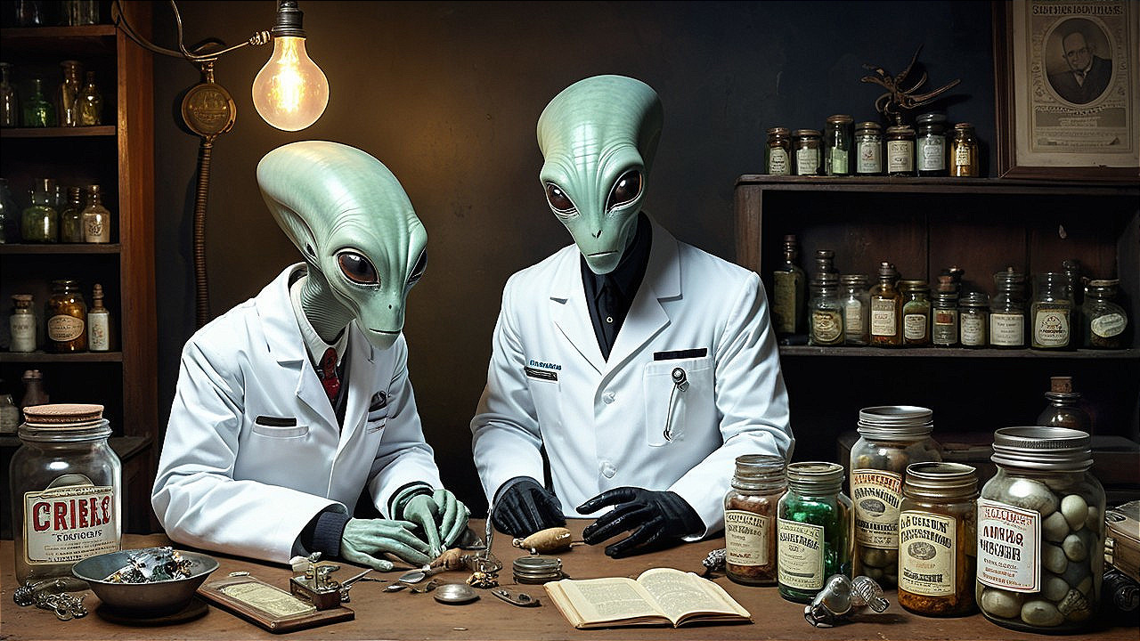 Aliens Conducting Experiment in Dimly Lit Laboratory