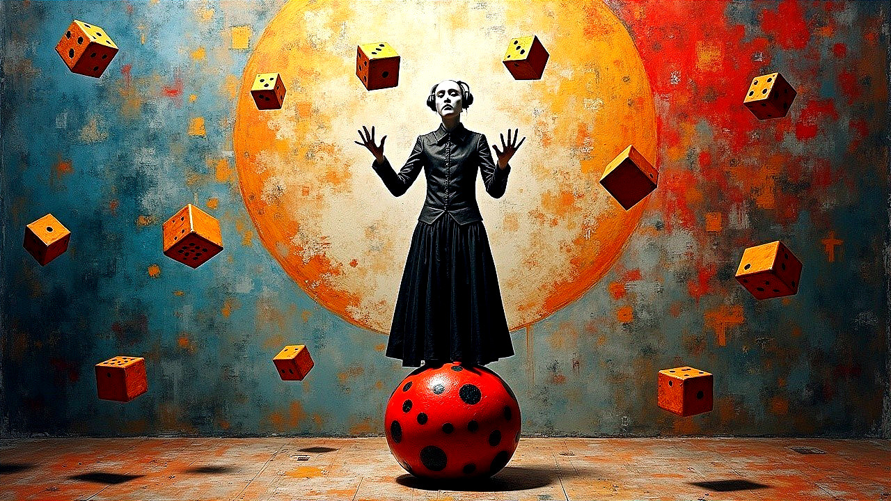 Surreal Scene with Figure on Red Ball and Dice