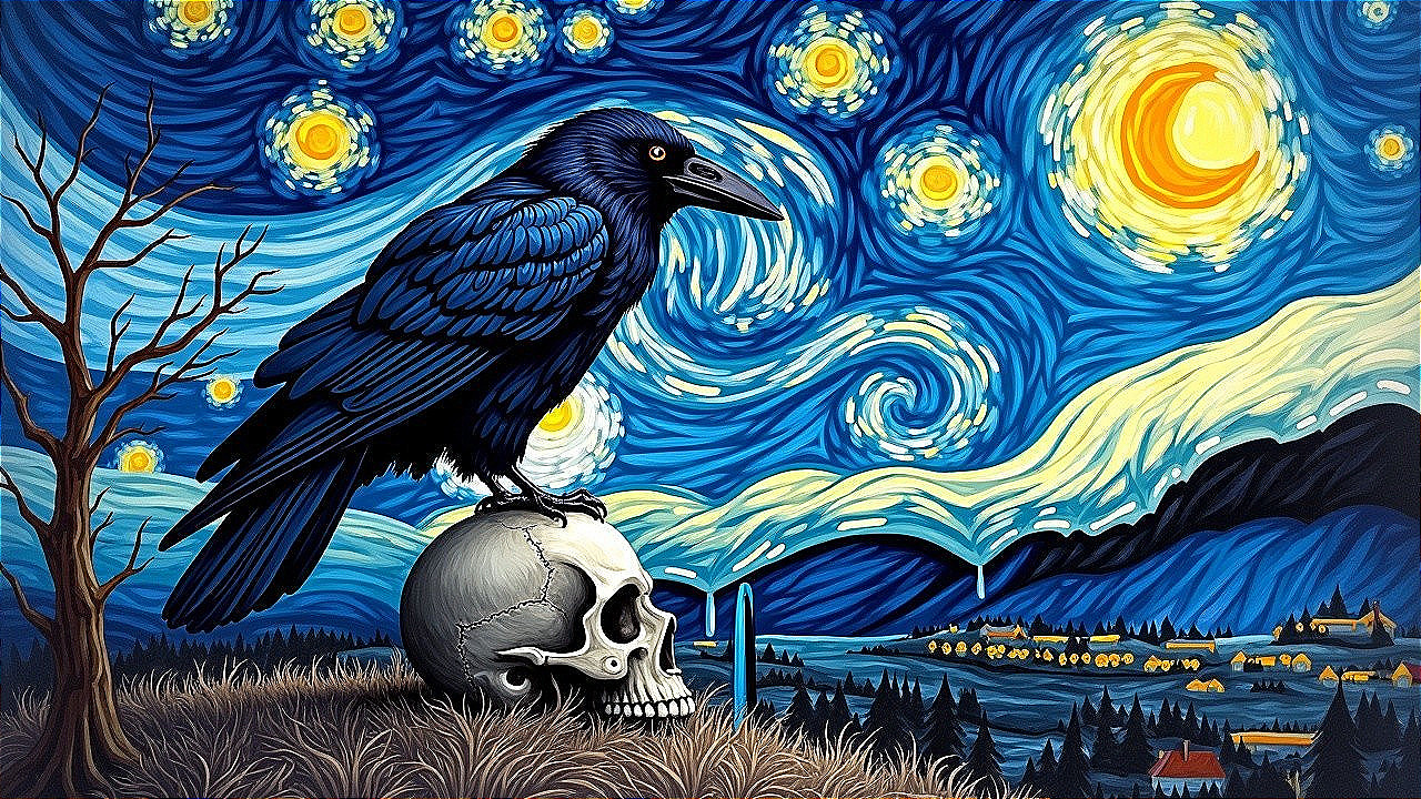 Raven on Skull Under Starry Night Sky Scene