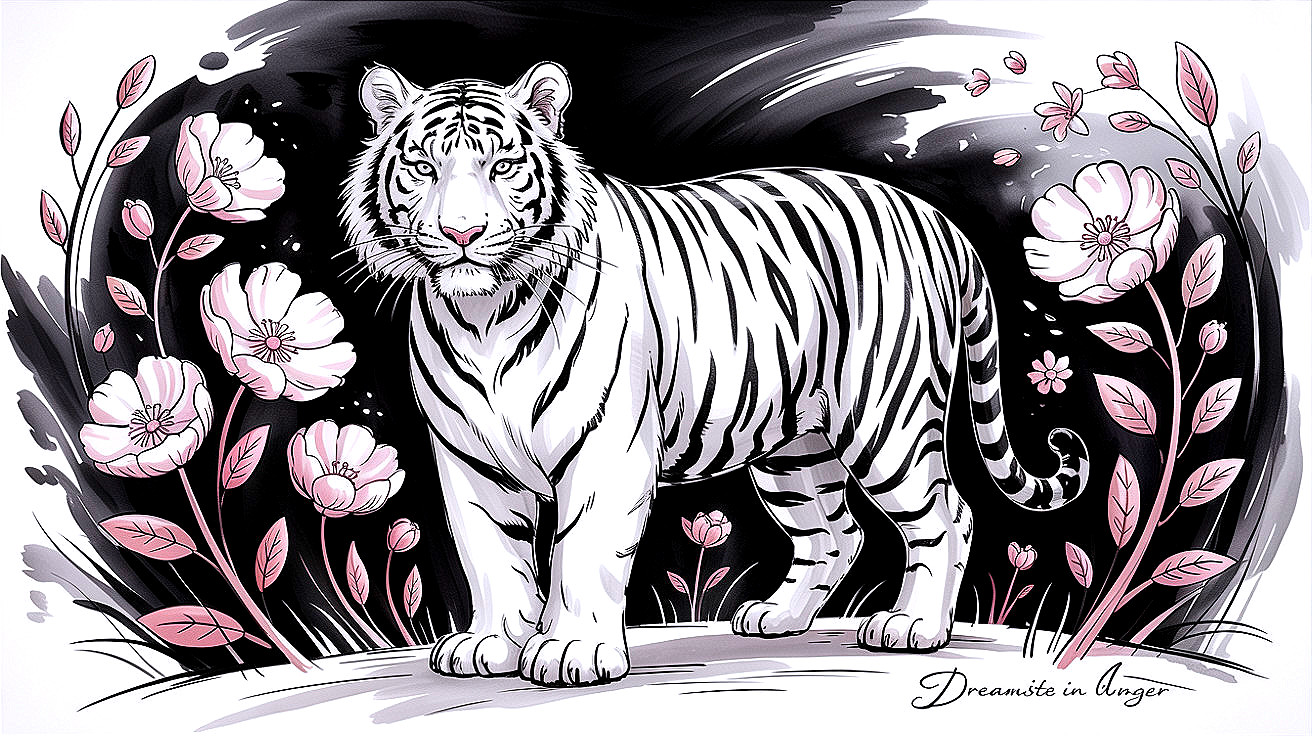 White Tiger Against Black Background with Pink Flowers