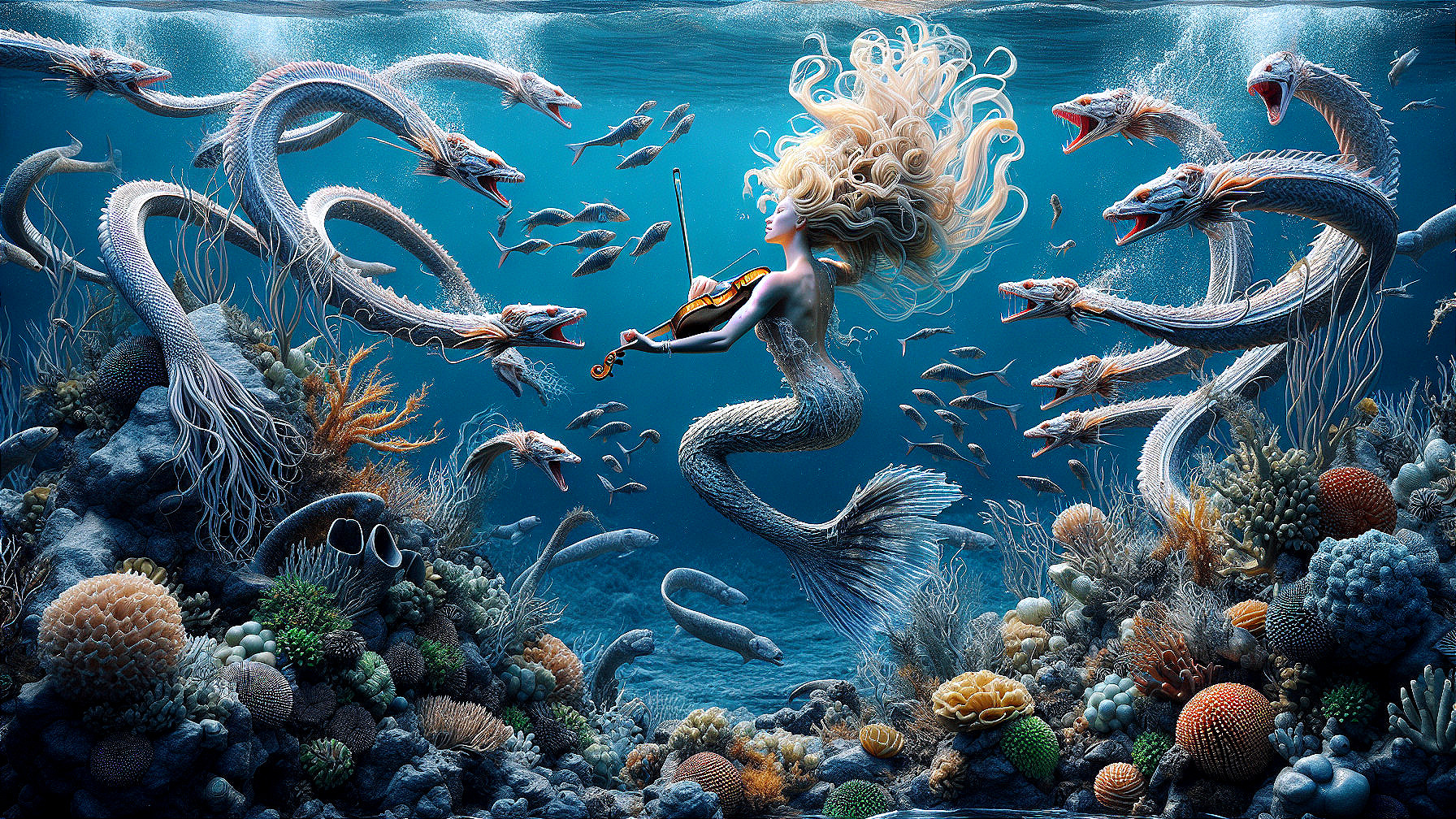 Underwater Scene with Mermaid and Vibrant Marine Life
