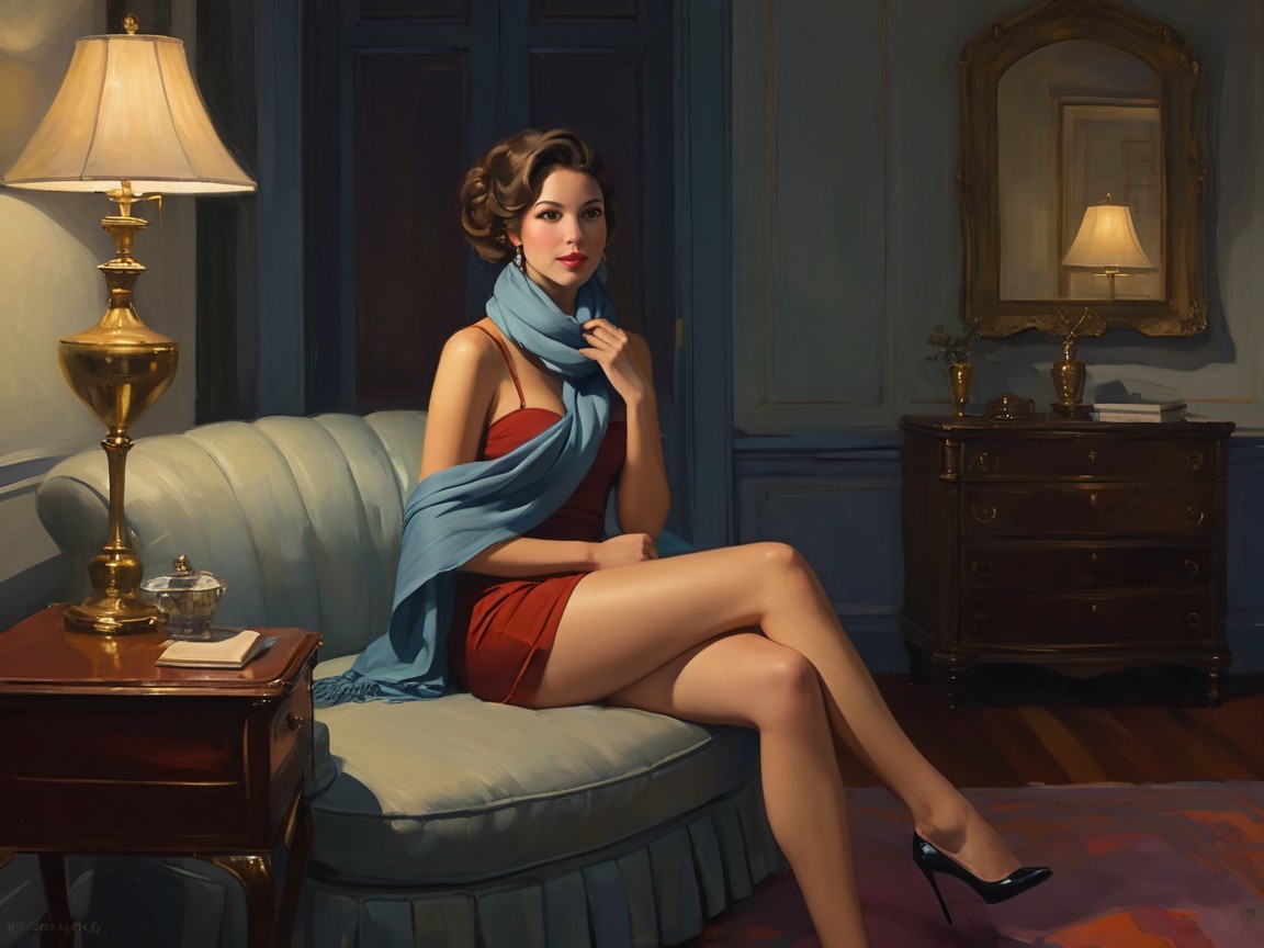 Stylish Woman in Red Dress on Cream Sofa in Elegant Room