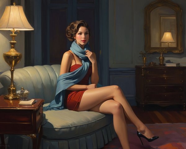 Stylish Woman in Red Dress on Cream Sofa in Elegant Room