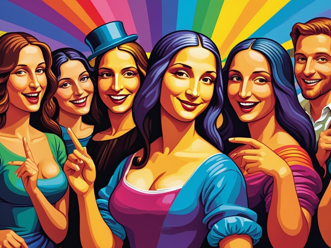Colorful Illustration of Diverse Group with Rainbow Backdrop