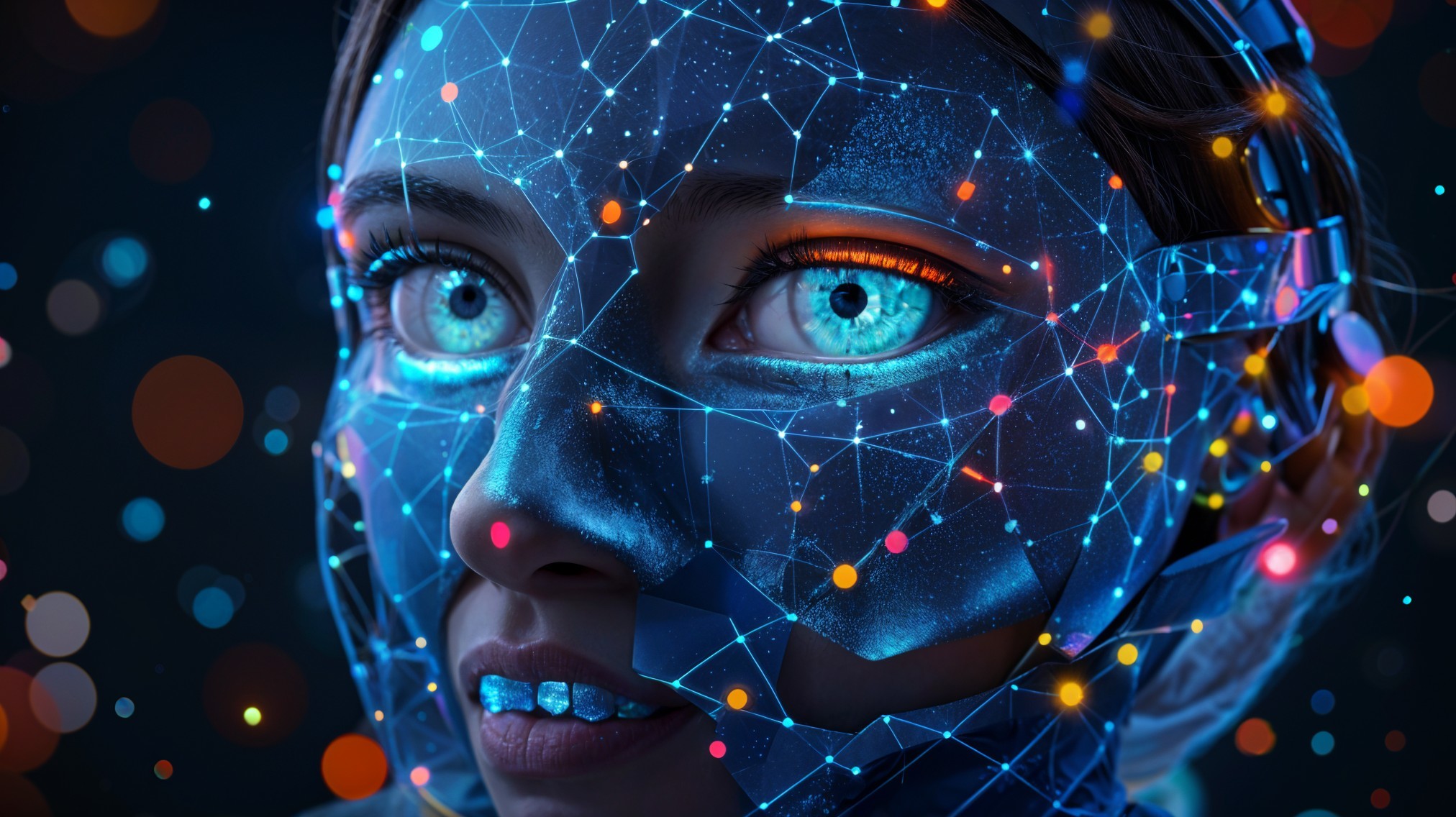 Futuristic Digital Face with Glowing Patterns and Colors