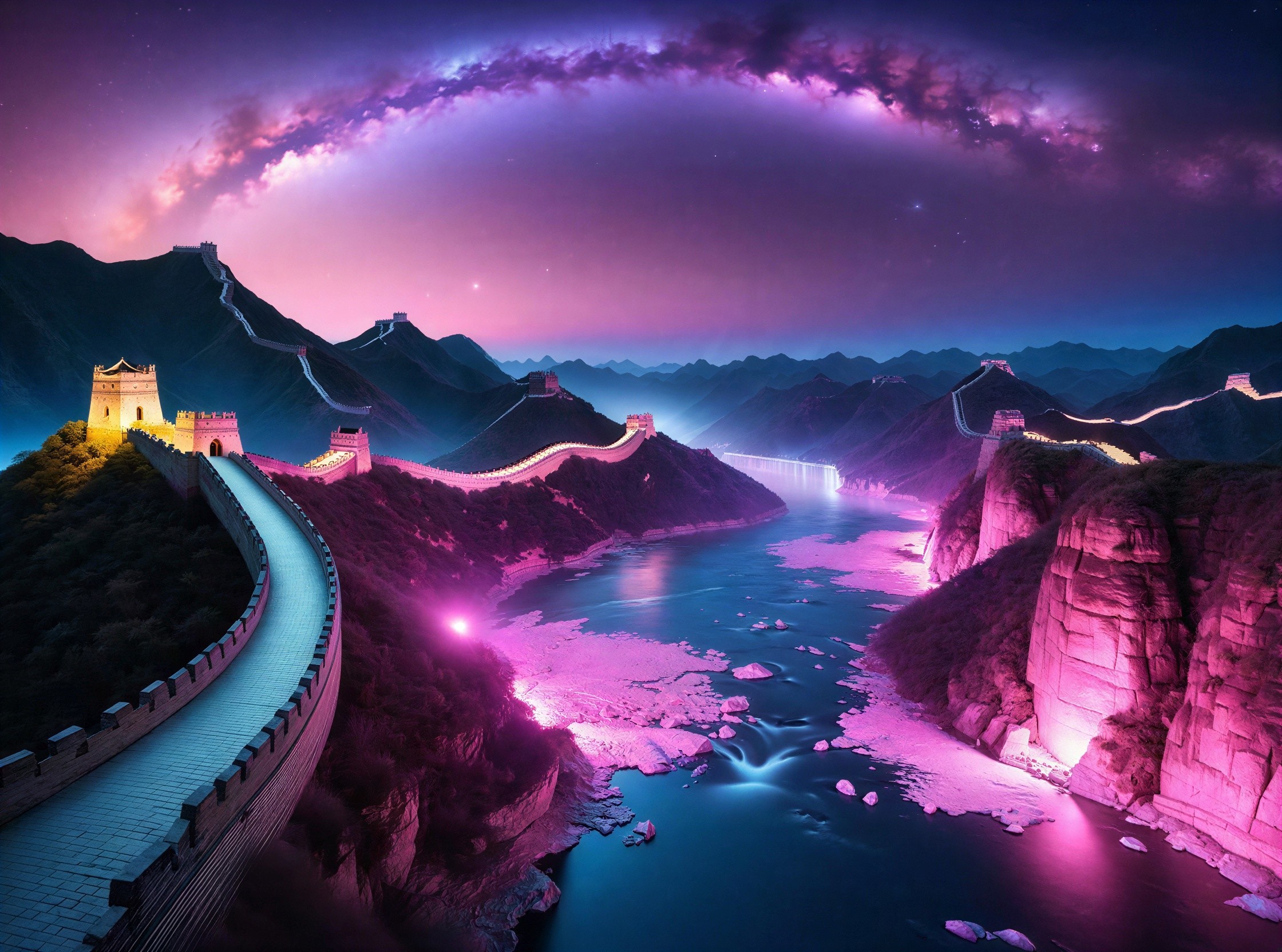 Illuminated Great Wall of China Under Starry Sky