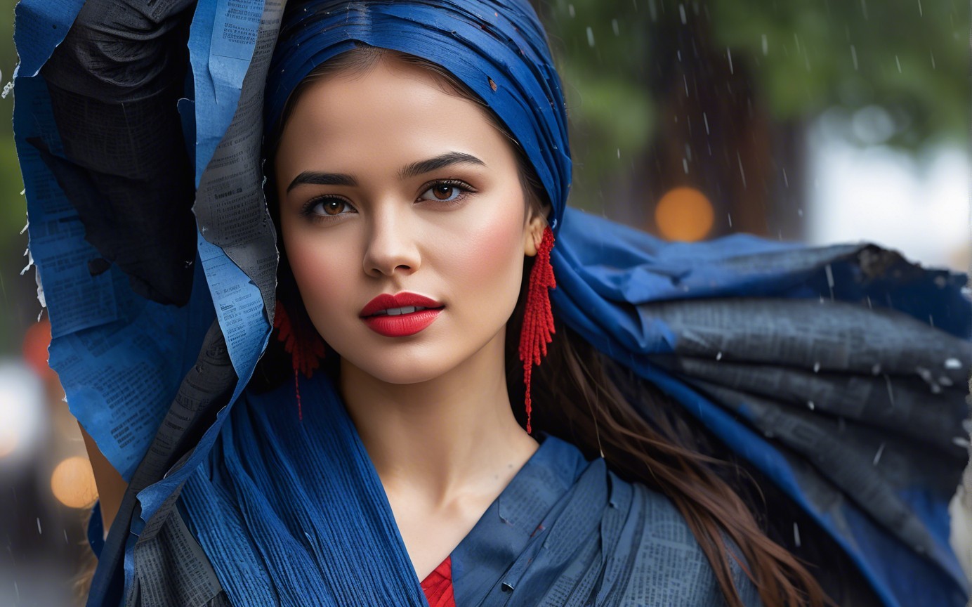 Close-up headshot of a woman in the rain with scarf