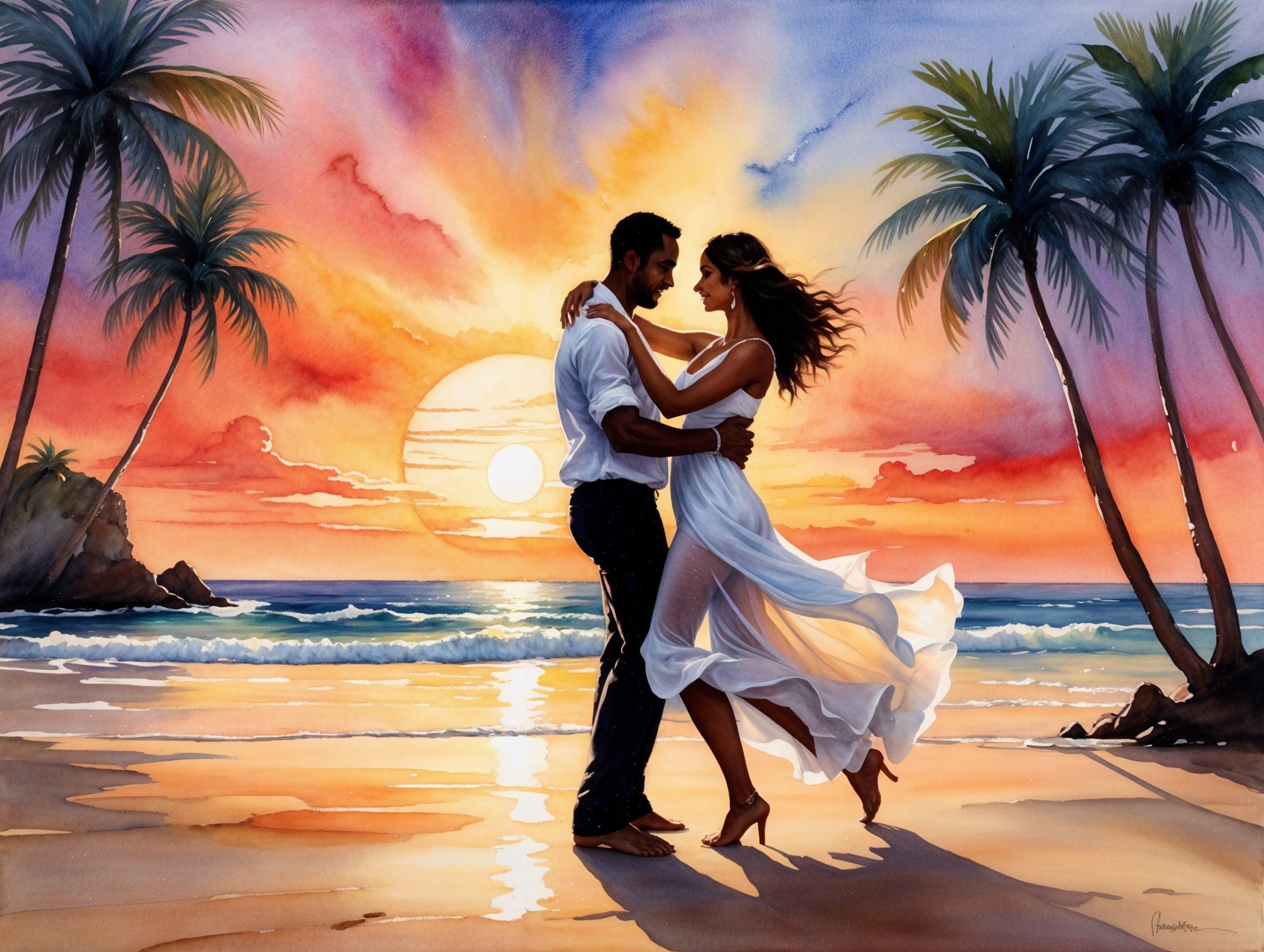 Romantic Beach Sunset with Dancing Couple Silhouette