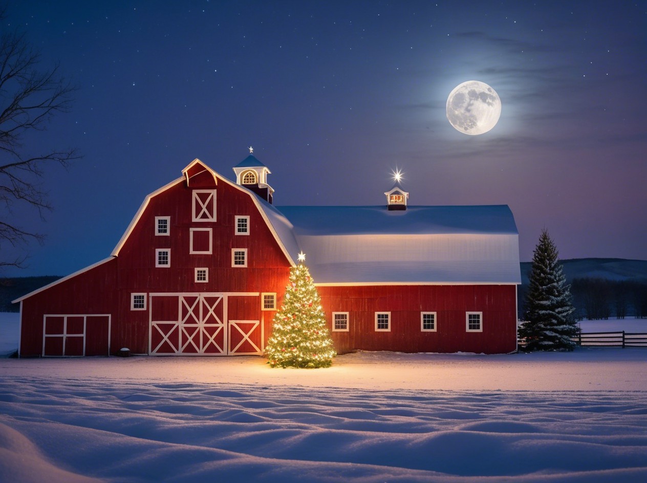 Red Christmas Barn with Tree Under Winter Night Sky