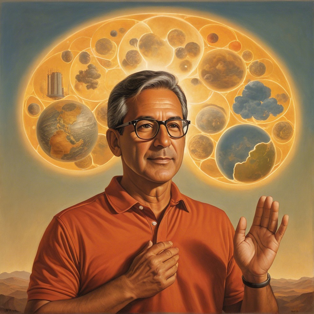 Middle-aged man in orange shirt with cosmic thought bubble