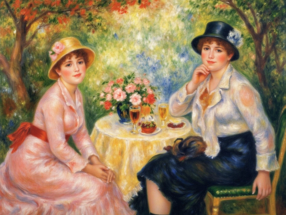 Women in a Garden Setting Enjoying Drinks and Dessert