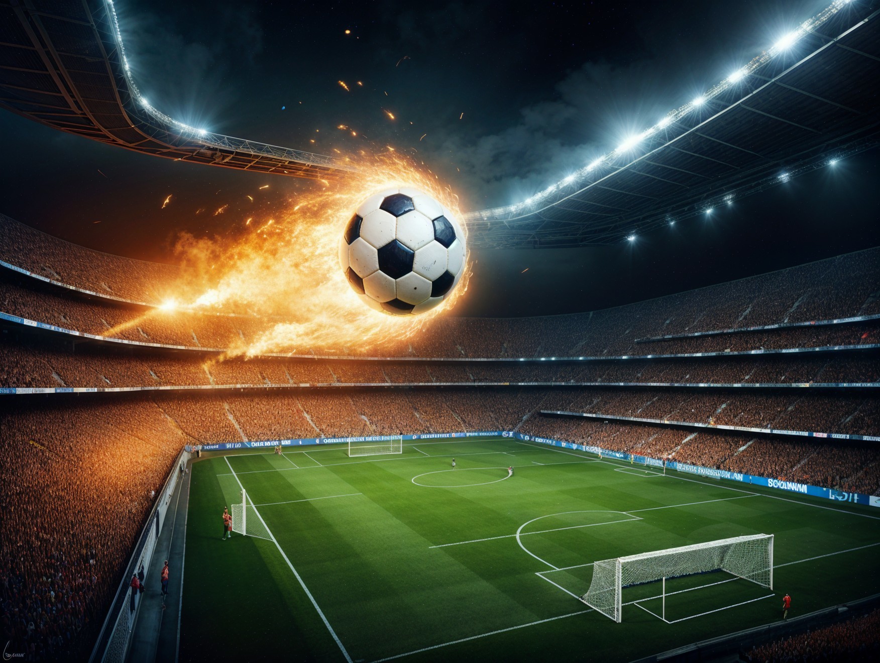 Soccer Ball in Dramatic Stadium Scene with Sparks