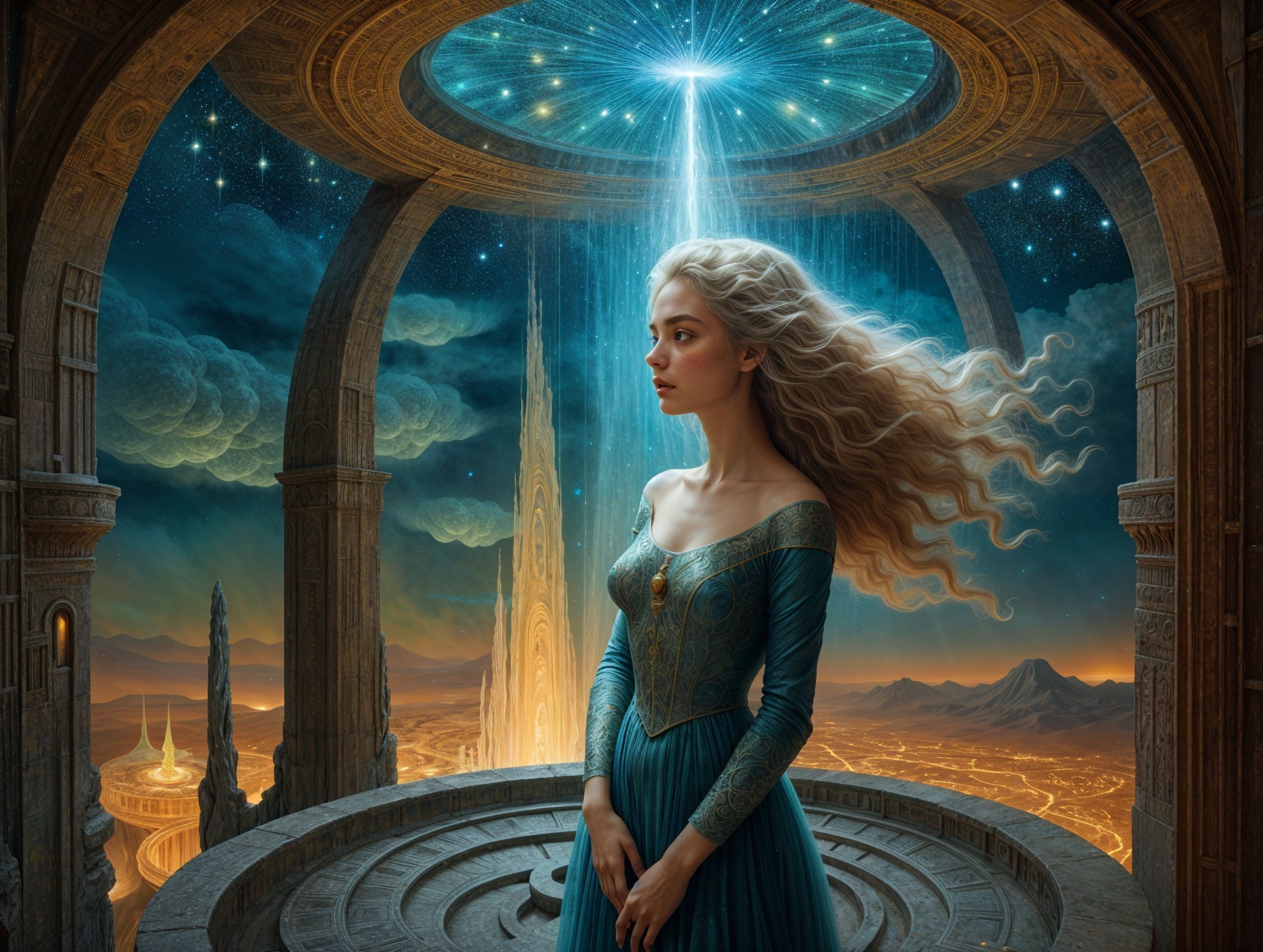 Young woman in blue gown in grand architectural space