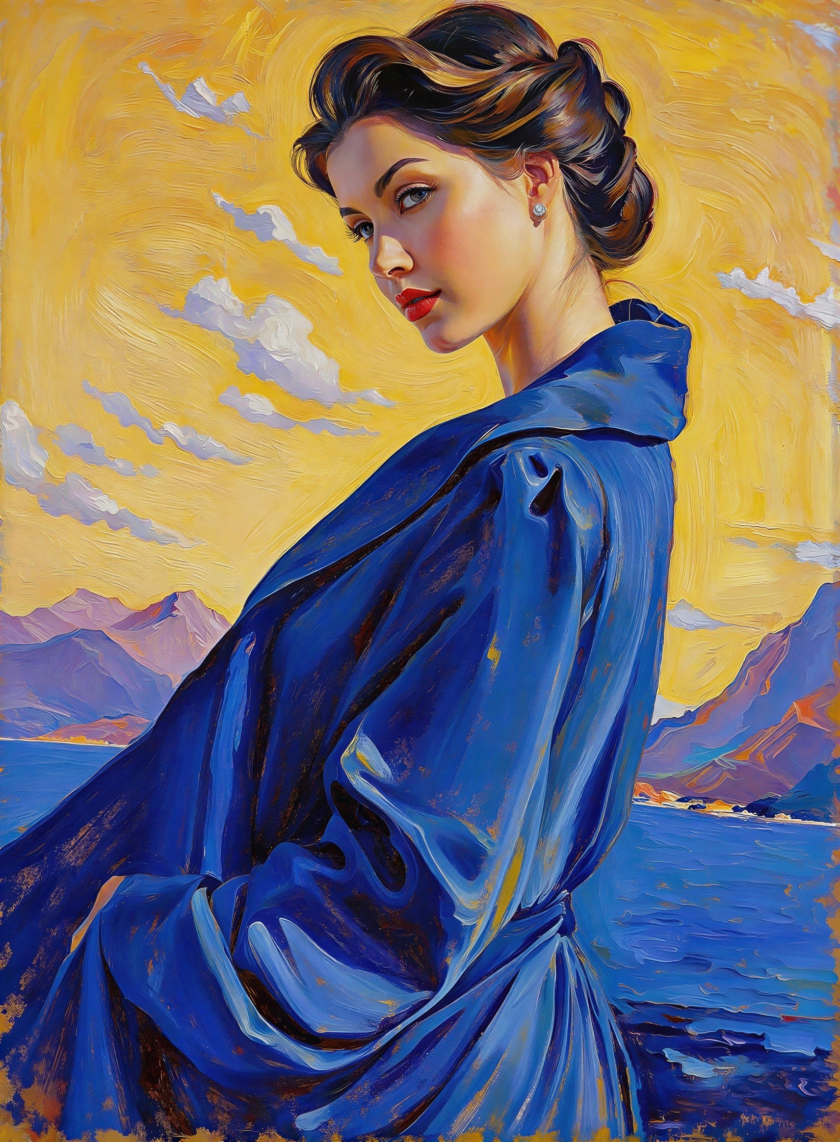 Textured Oil Painting of Woman with Dark Brown Hair