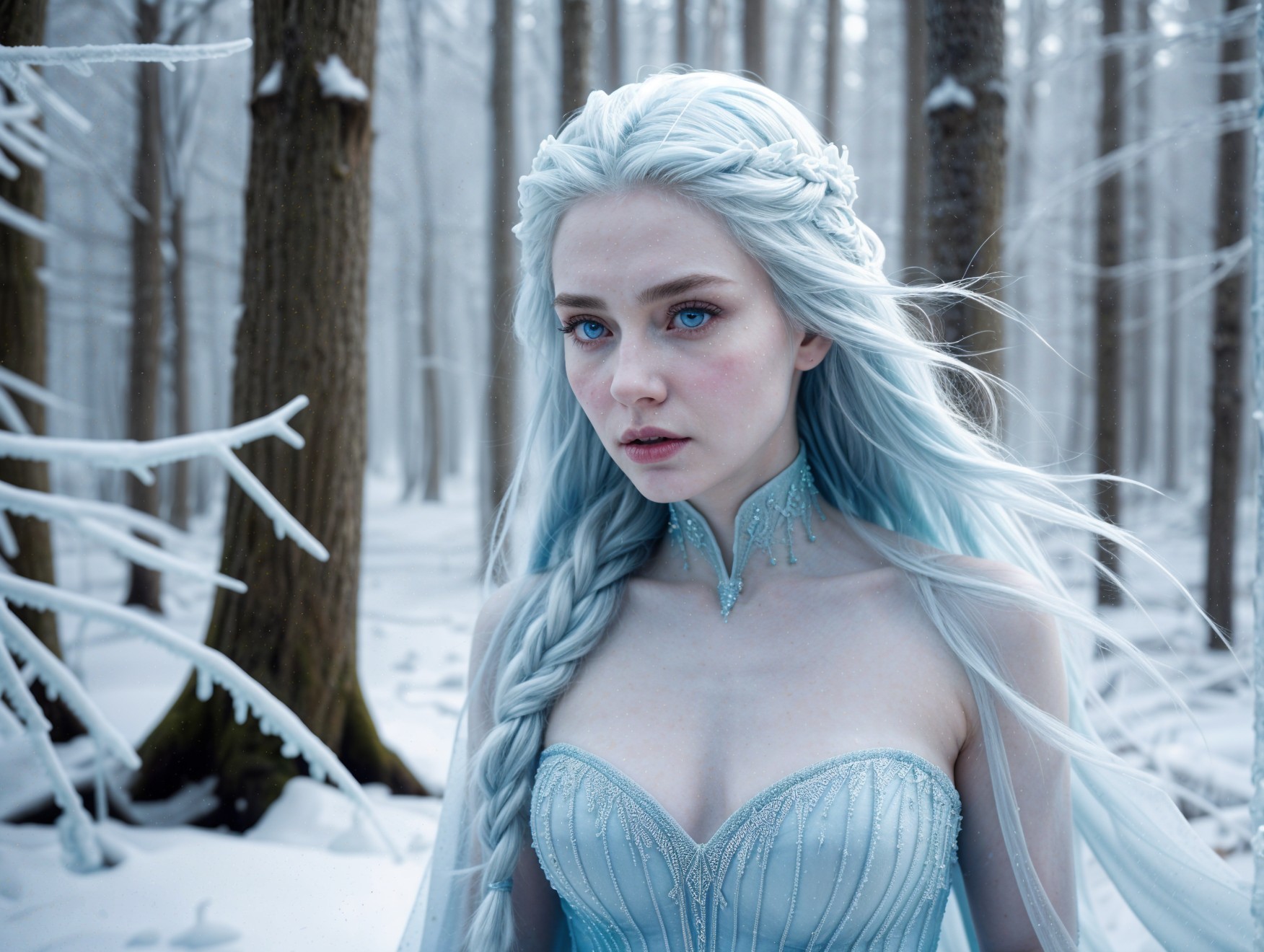 Young woman in snowy forest with blue hair and gown