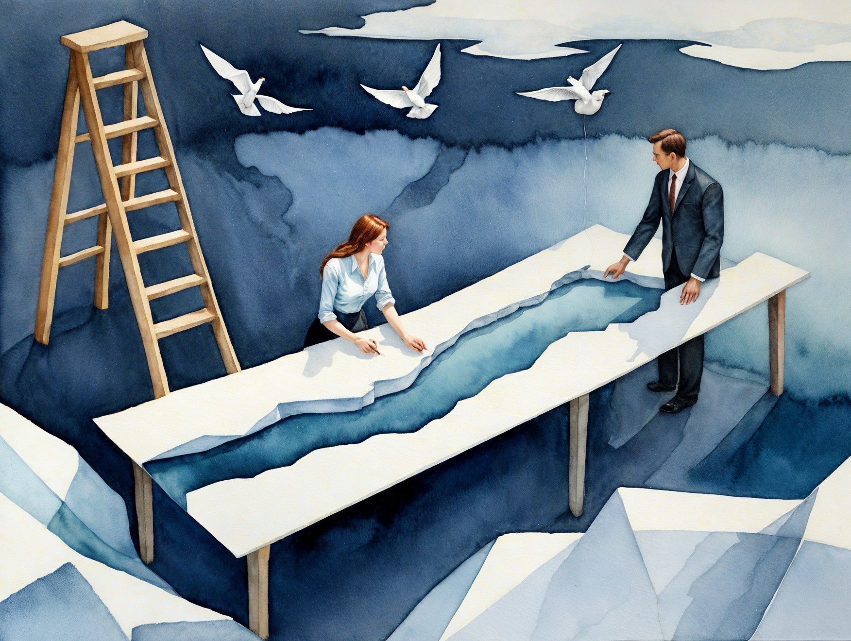 Surreal Artwork of a River-Like Table and Doves