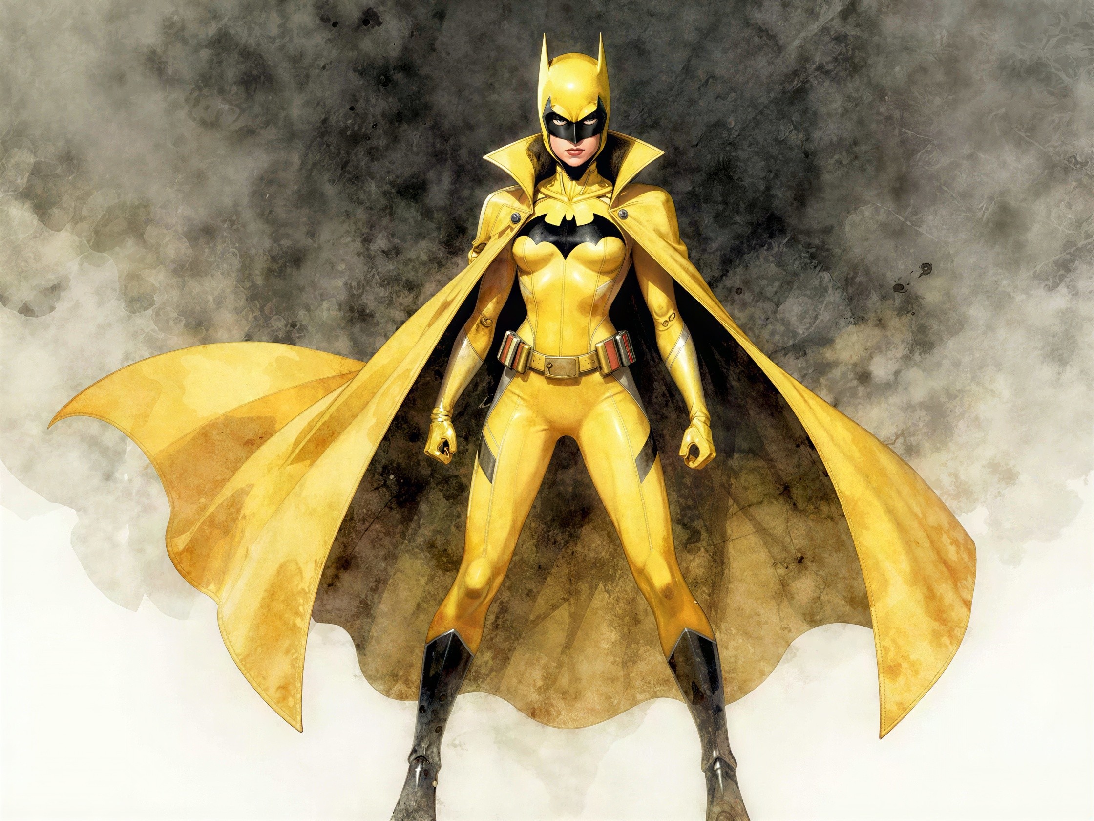 Female superhero in mustard yellow suit and cape