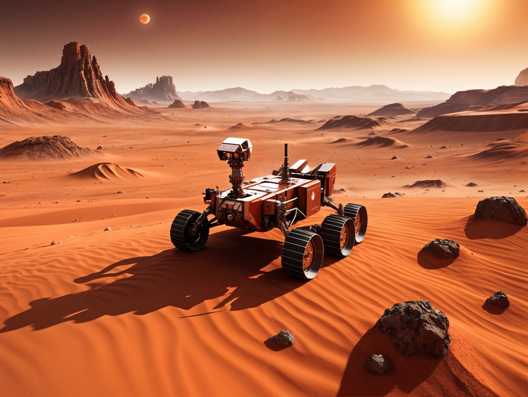 Futuristic Rover Exploring Mars' Rocky Landscape