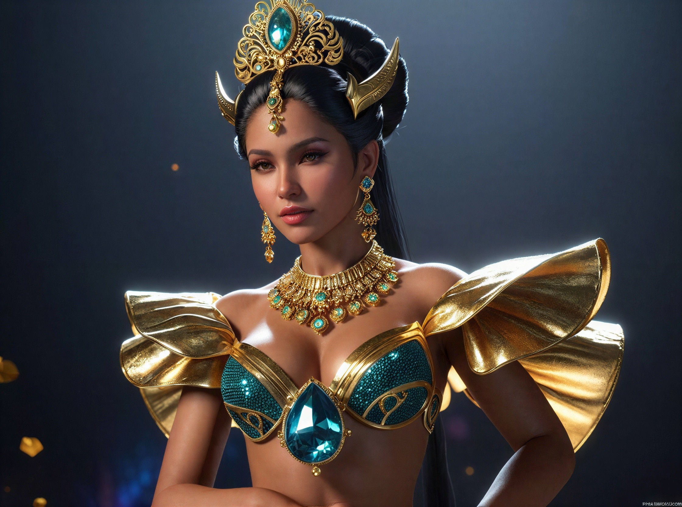 Close-up portrait of a South Asian woman in gold jewelry