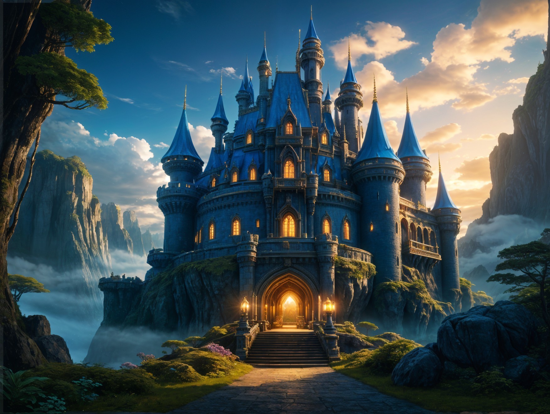 Majestic castle set against mountains and clouds