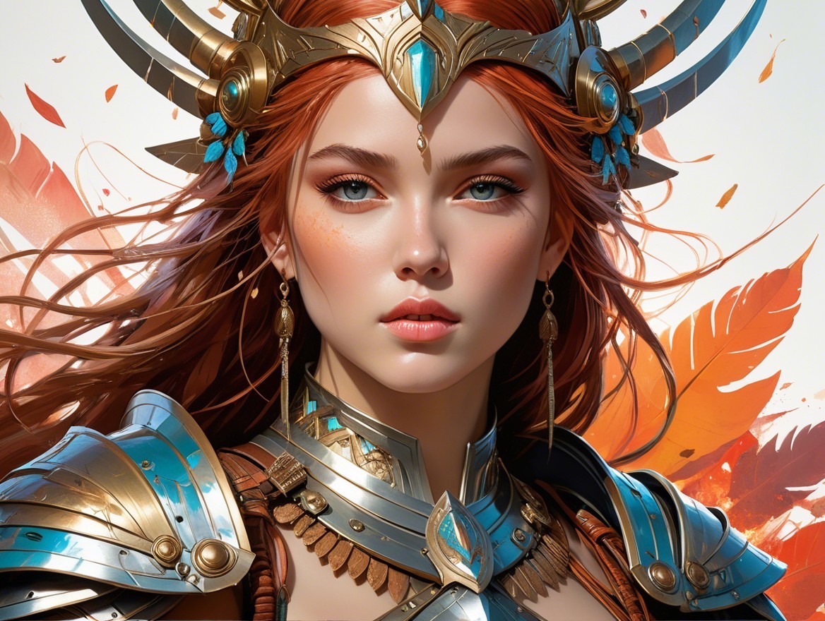 Fierce Warrior Woman in Elaborate Armor and Autumn Leaves