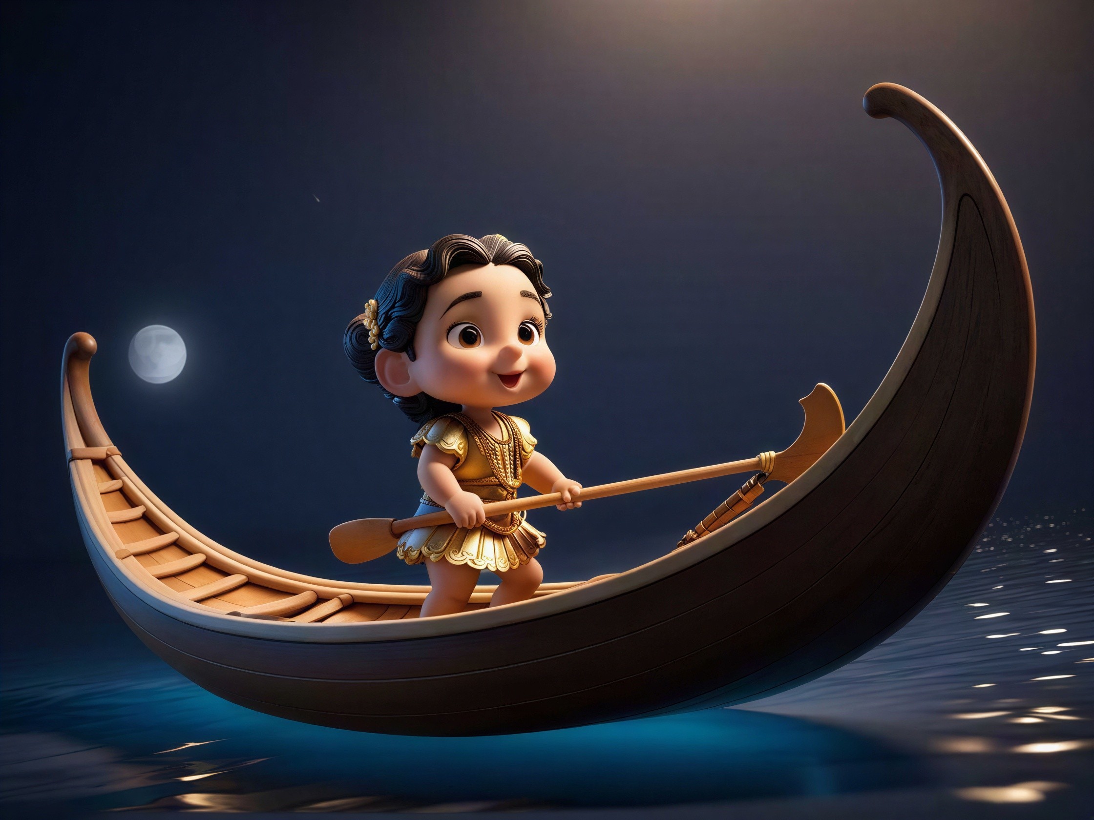 Chubby-cheeked girl in boat under full moon illustration