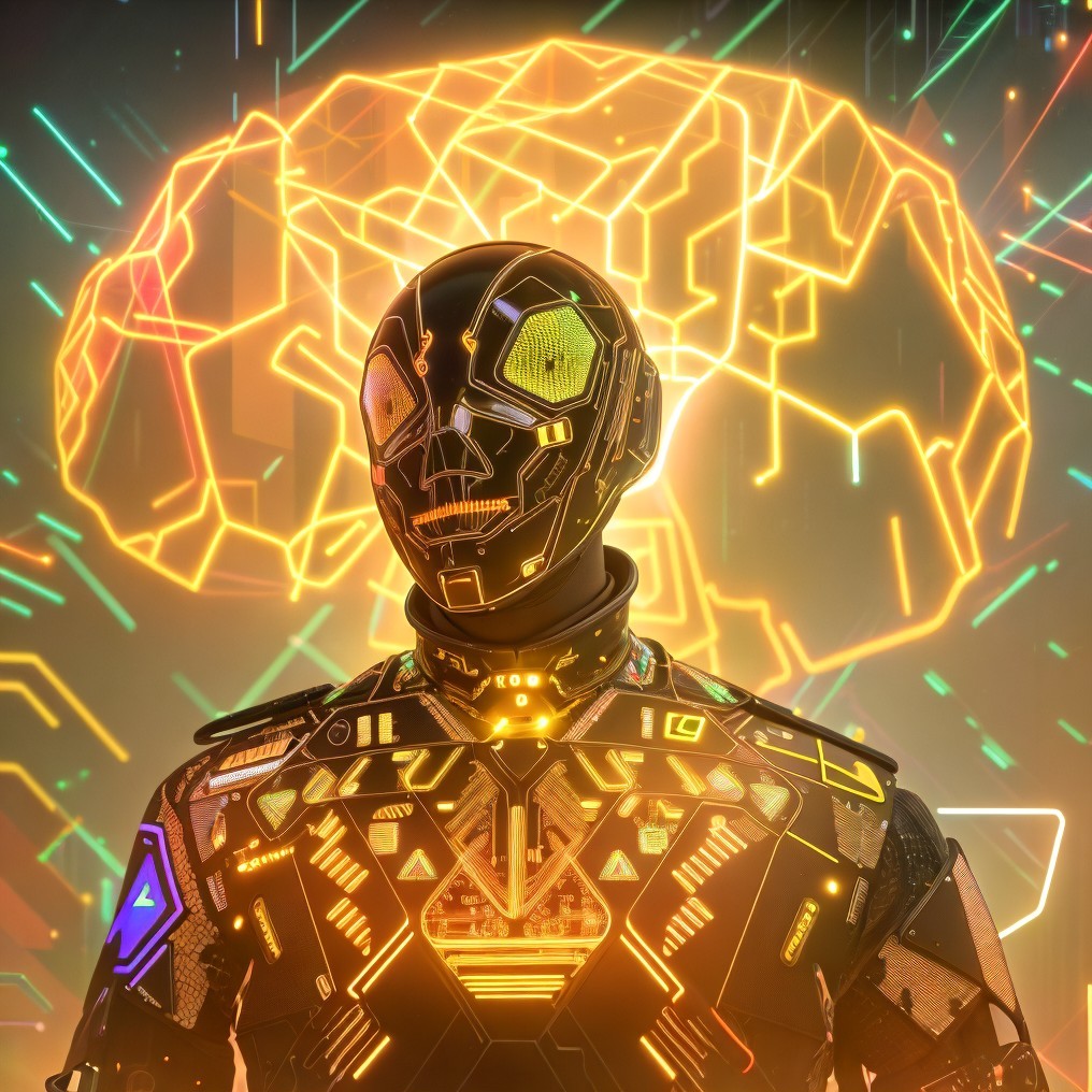 Futuristic Robot with Neon Brain Background