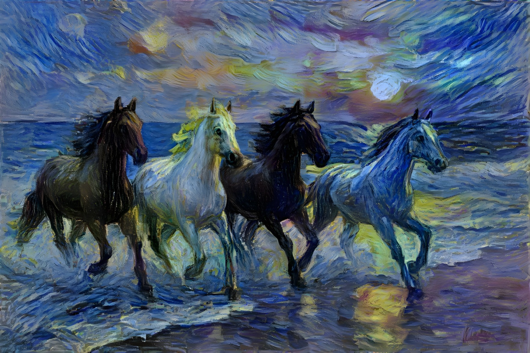 Horses Galloping on Shore at Vibrant Sunset