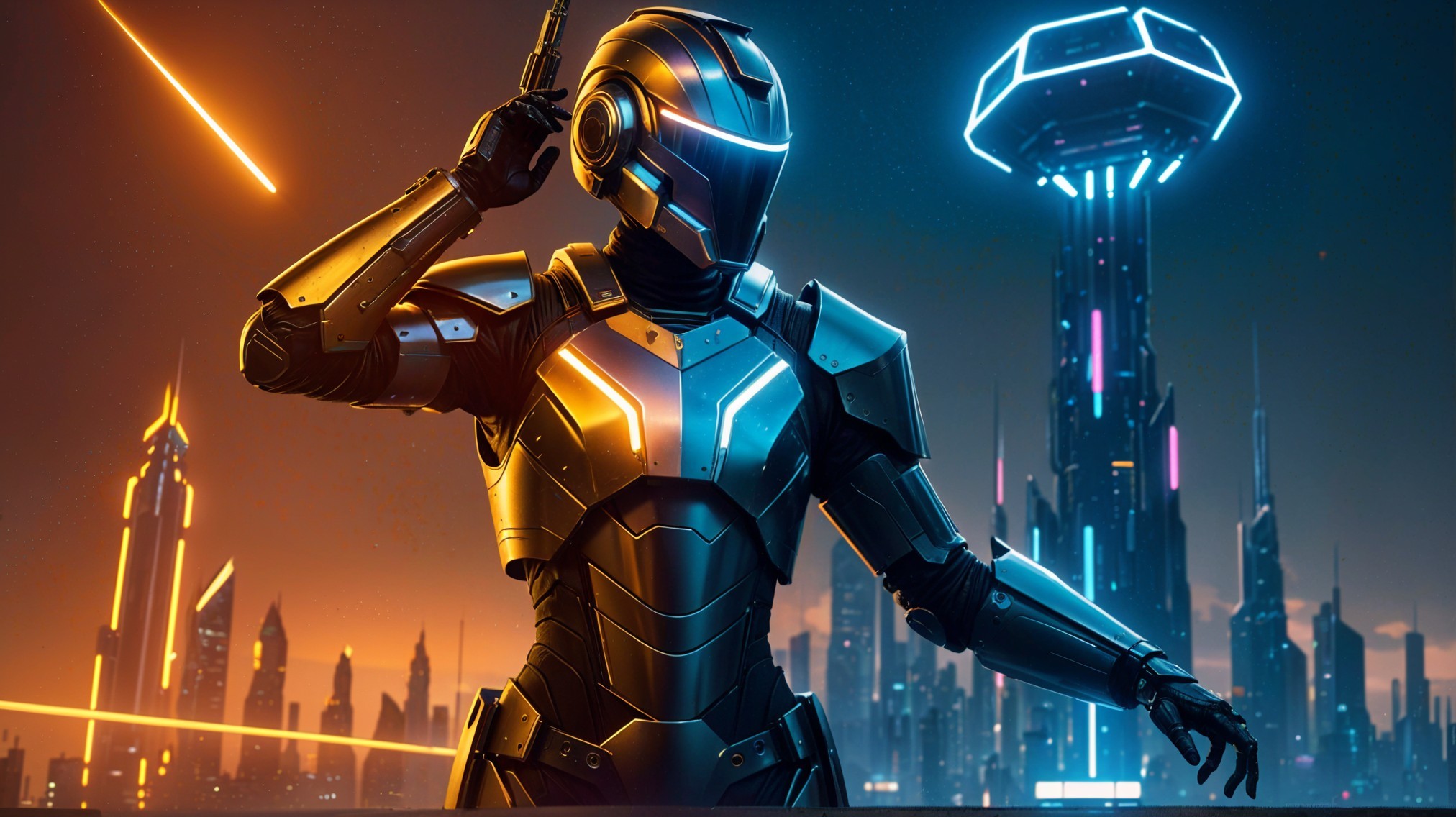 Futuristic Armored Figure Against Vibrant City Skyline
