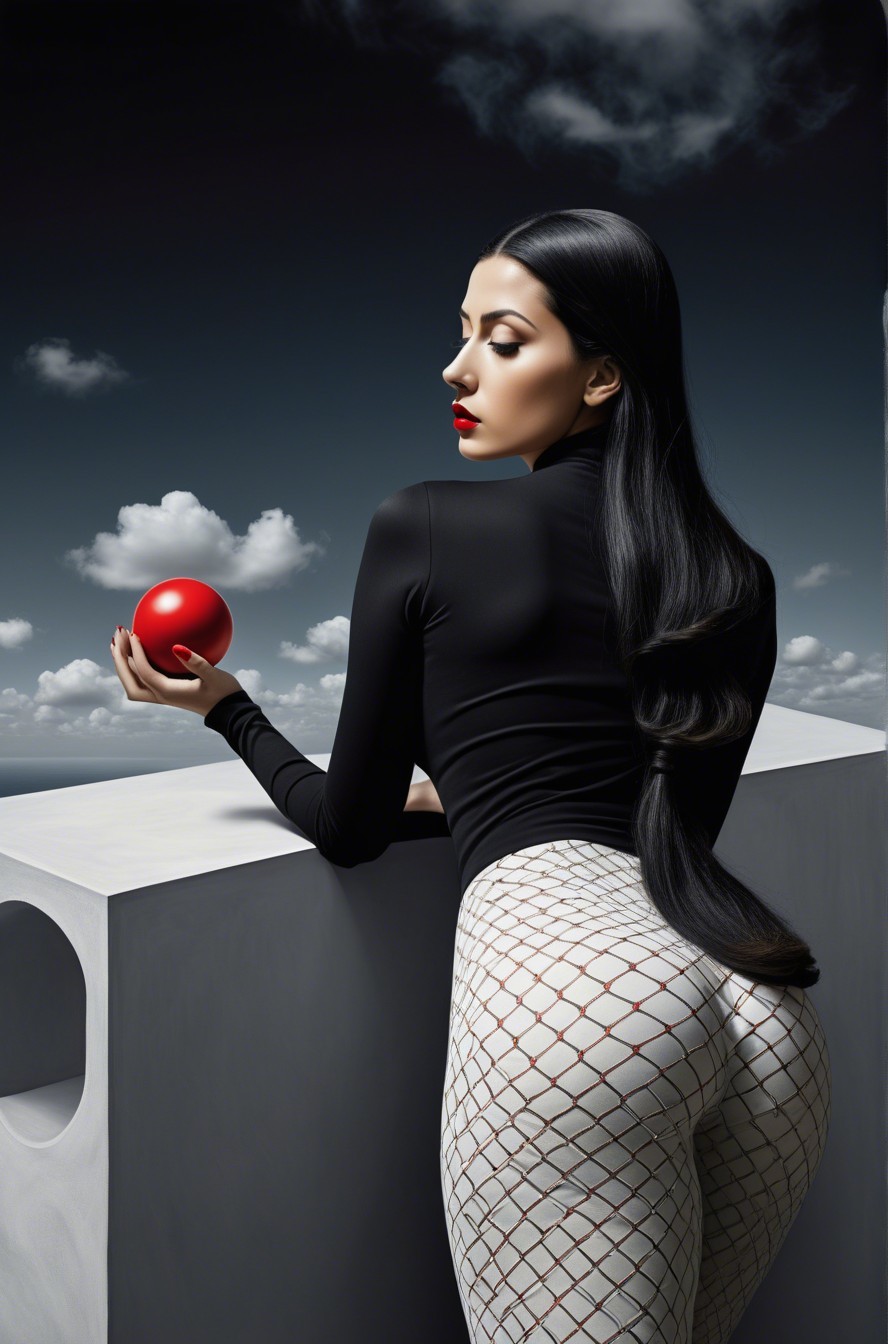 Woman in black attire with red ball against wall